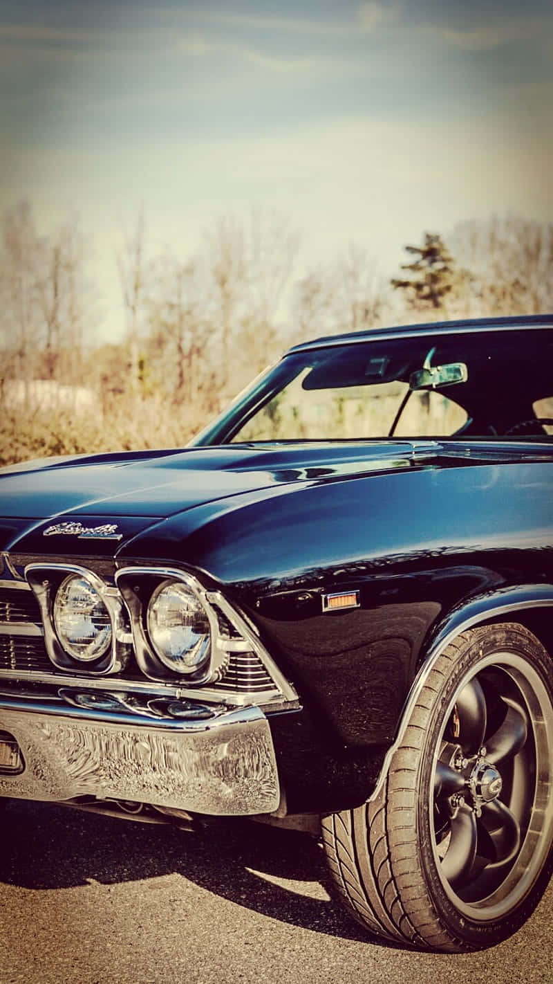 glossy black classic muscle car, chrome details, asphalt, HD Phone Wallpaper