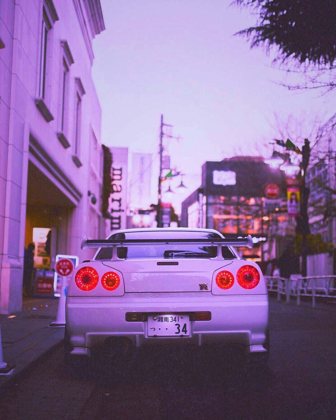 white sports car, glowing red taillights, pastel sunset sky, HD Phone Wallpaper