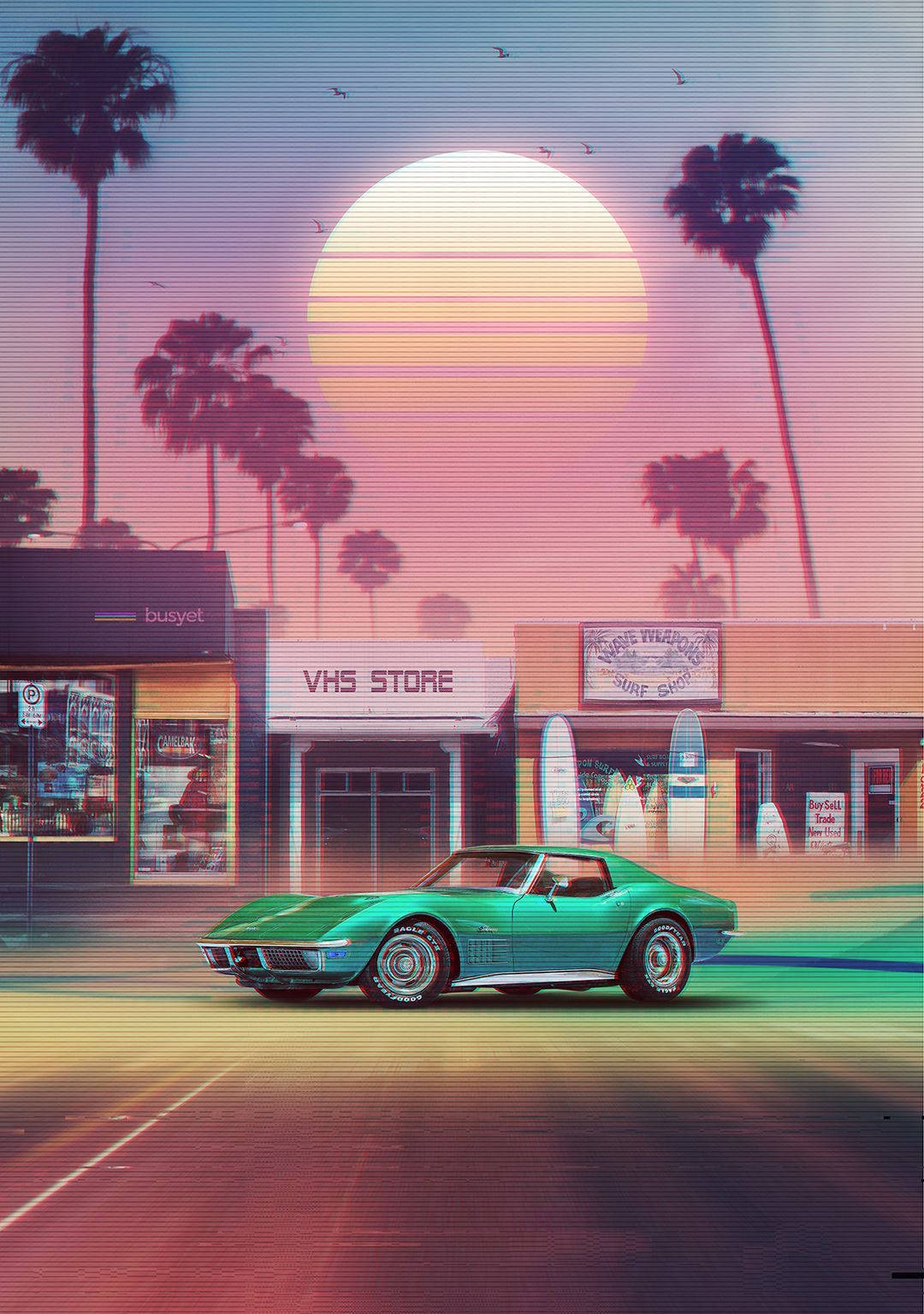 teal, classic muscle car, VHS store, HD Phone Wallpaper