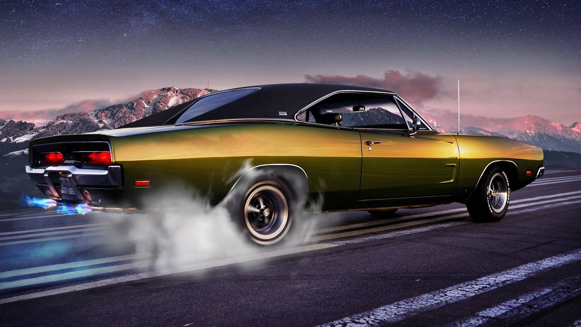 gold, classic muscle car, mountain road, Full HD Desktop Wallpaper