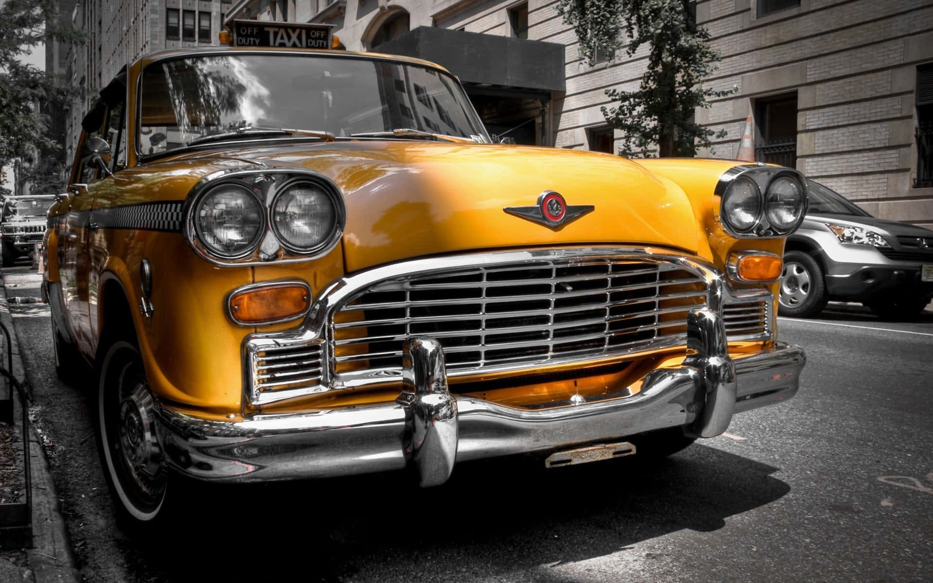 vintage yellow taxi, chrome details, city street, Full HD Desktop Wallpaper