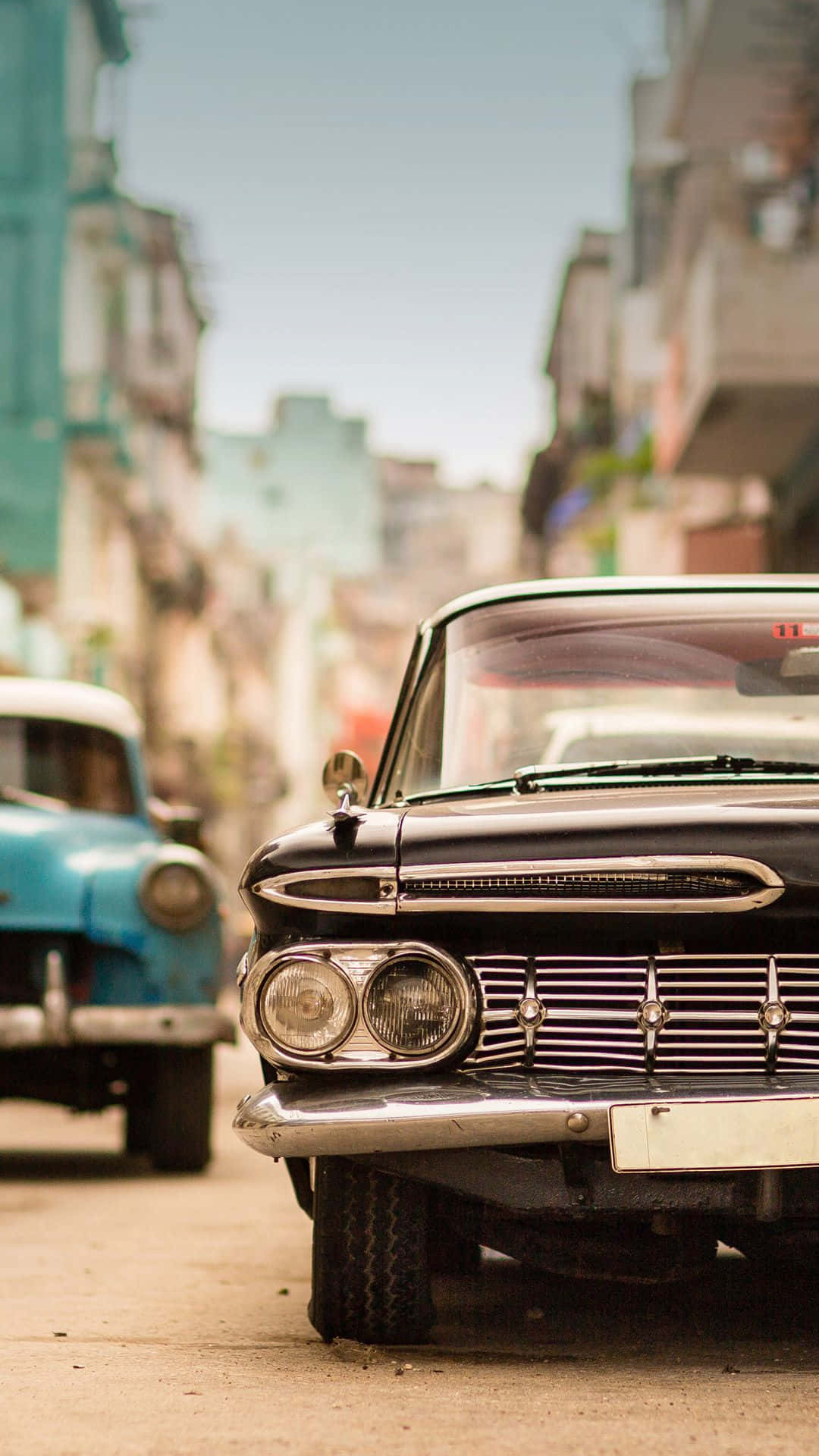 vintage black car, chrome details, sunlit street, Full HD Phone Wallpaper