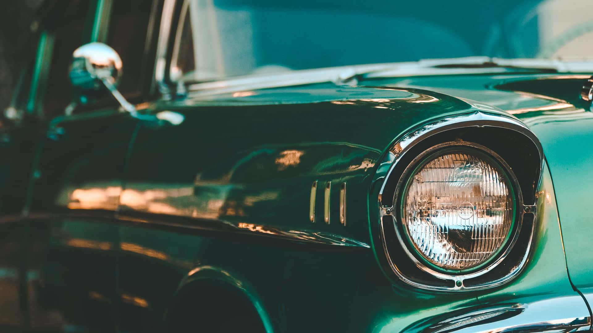teal, chrome headlight, hood, Full HD Desktop Wallpaper