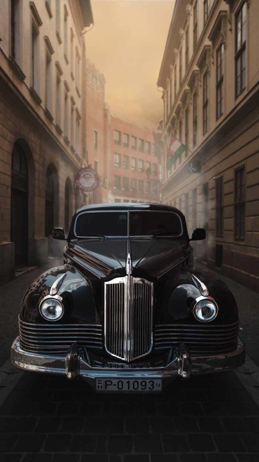 glossy black vintage car, chrome grille, narrow European cobblestone street, HD Phone Wallpaper