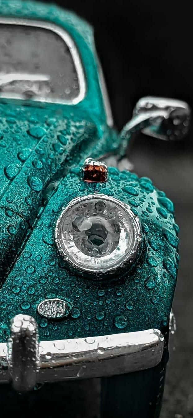 vintage teal car, front hood, raindrops, HD Phone Wallpaper