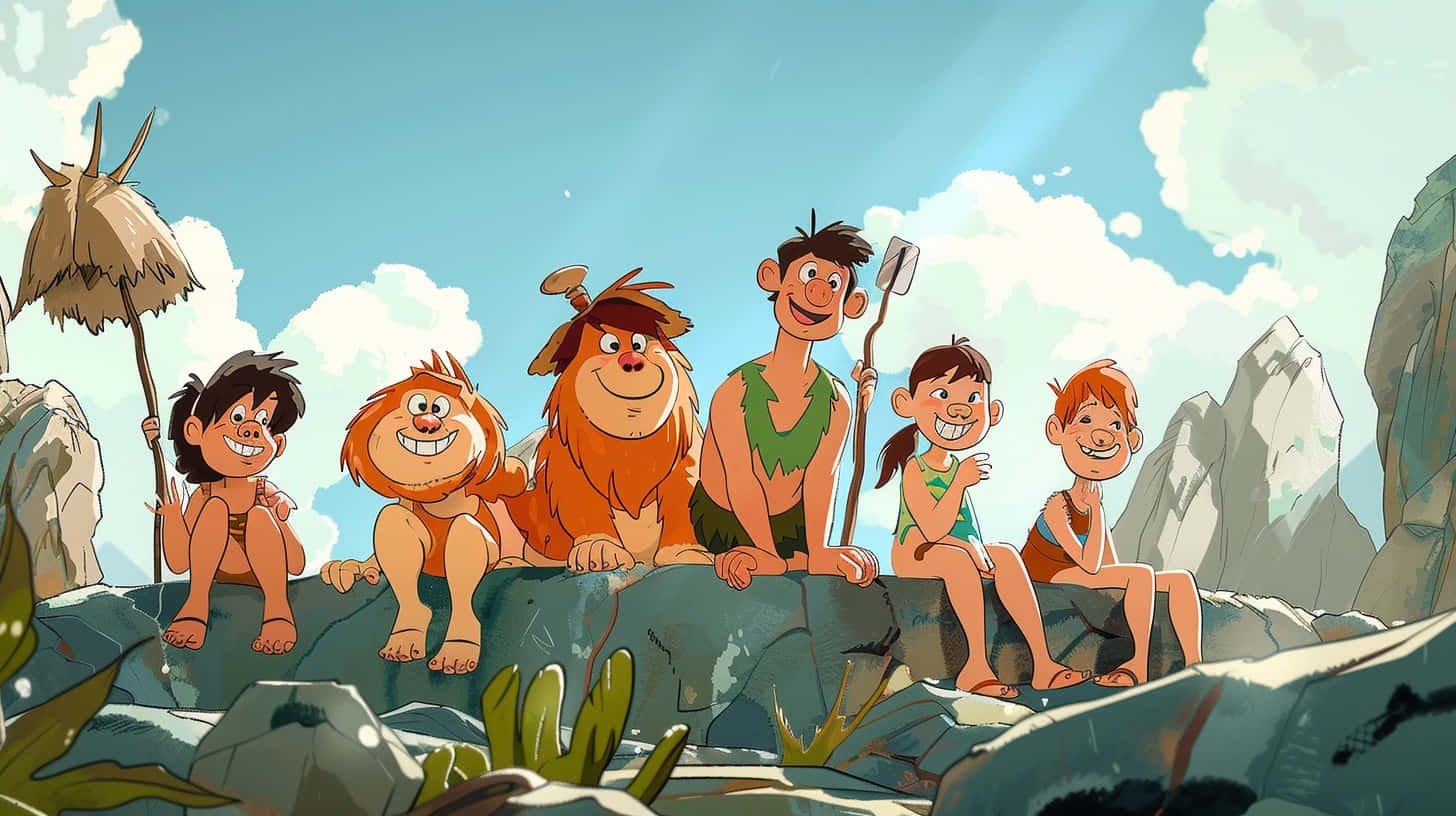 animated stone age family cartoon, prehistoric characters, rocky cliffs, HD Desktop Wallpaper