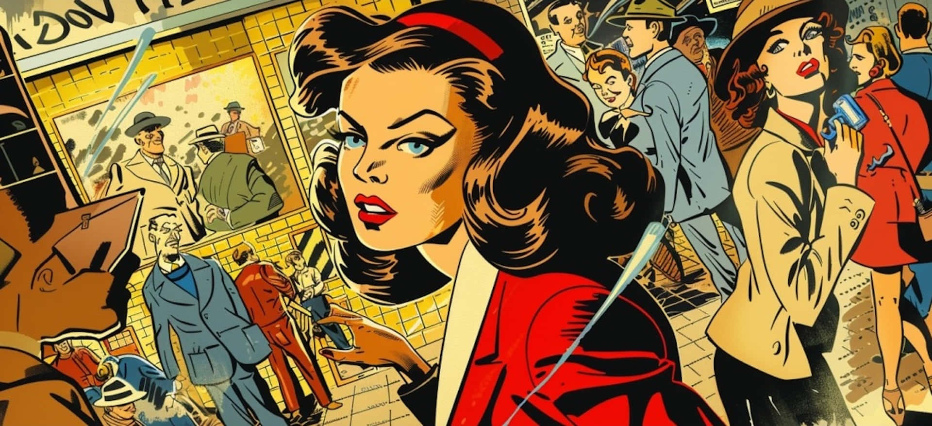 Retro Comic Cityscape Drama, vintage comic book style, glamorous woman, Full HD Desktop Wallpaper