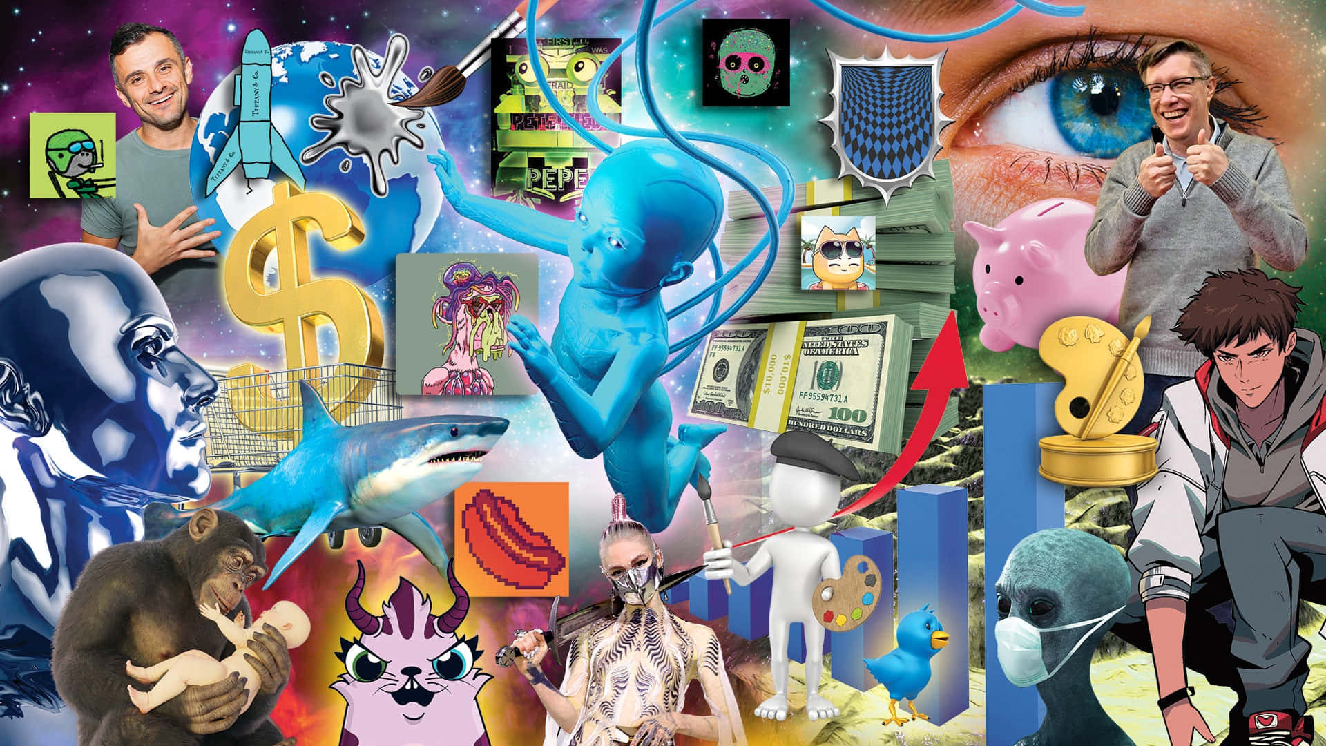 cartoon collage, blue alien, money, Full HD Desktop Wallpaper