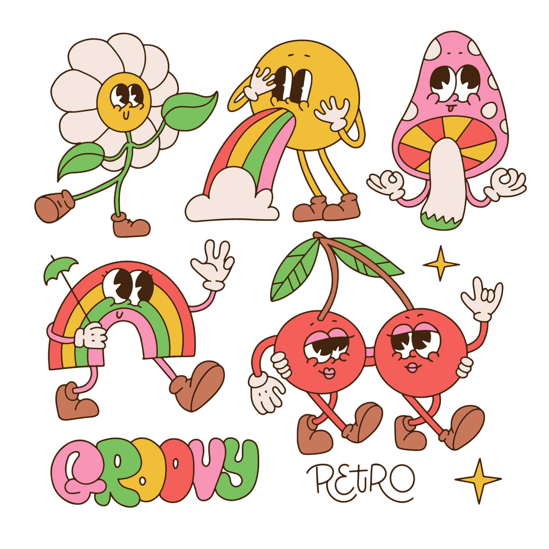 Retro Cartoon Characters, groovy theme, flower, Full HD Desktop Wallpaper