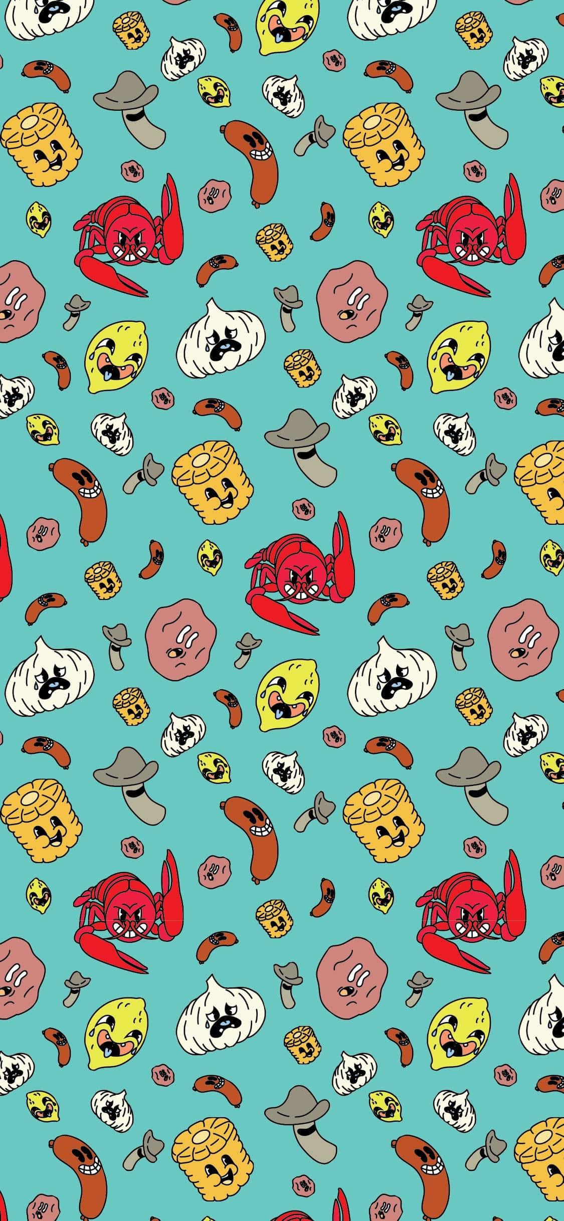 retro cartoon characters pattern, corn dogs, hot dogs, Full HD Phone Wallpaper