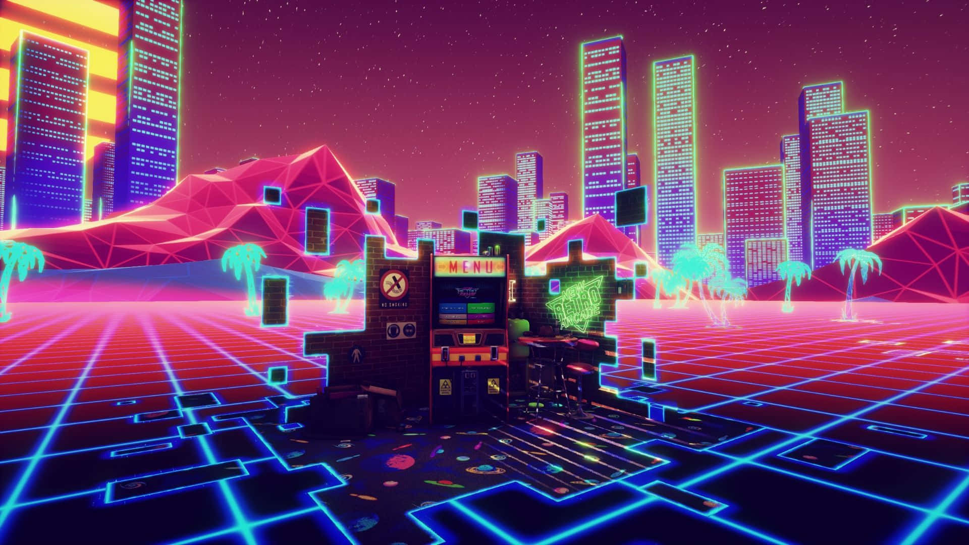 neon-drenched retrofuturistic cityscape, glowing grid floors, palm trees, Full HD Desktop Wallpaper