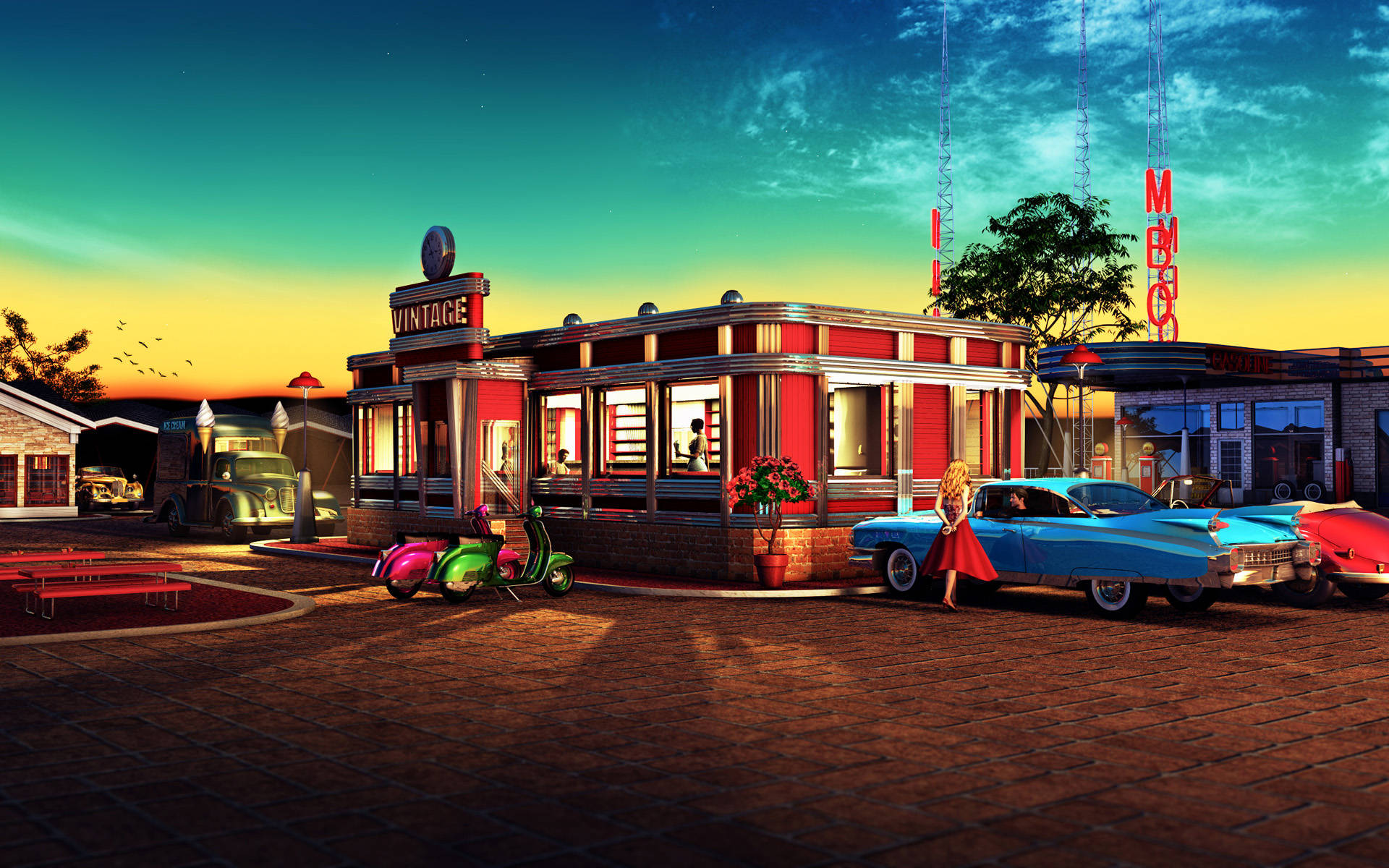 Retro City, sunset, vintage cars, Full HD Desktop Wallpaper