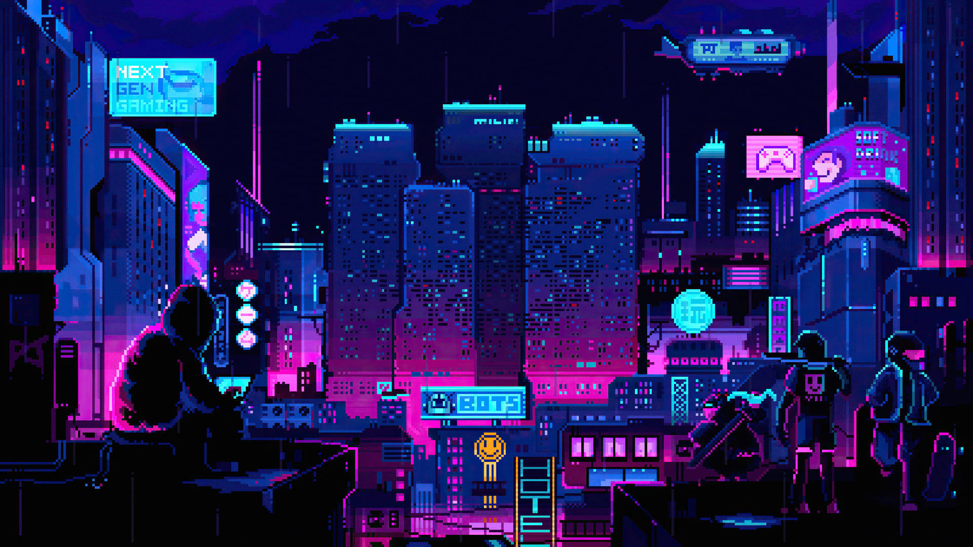 1920 x 1080, gaming cyberpunk city, neon pink and blue skyscrapers, Full HD Desktop Wallpaper