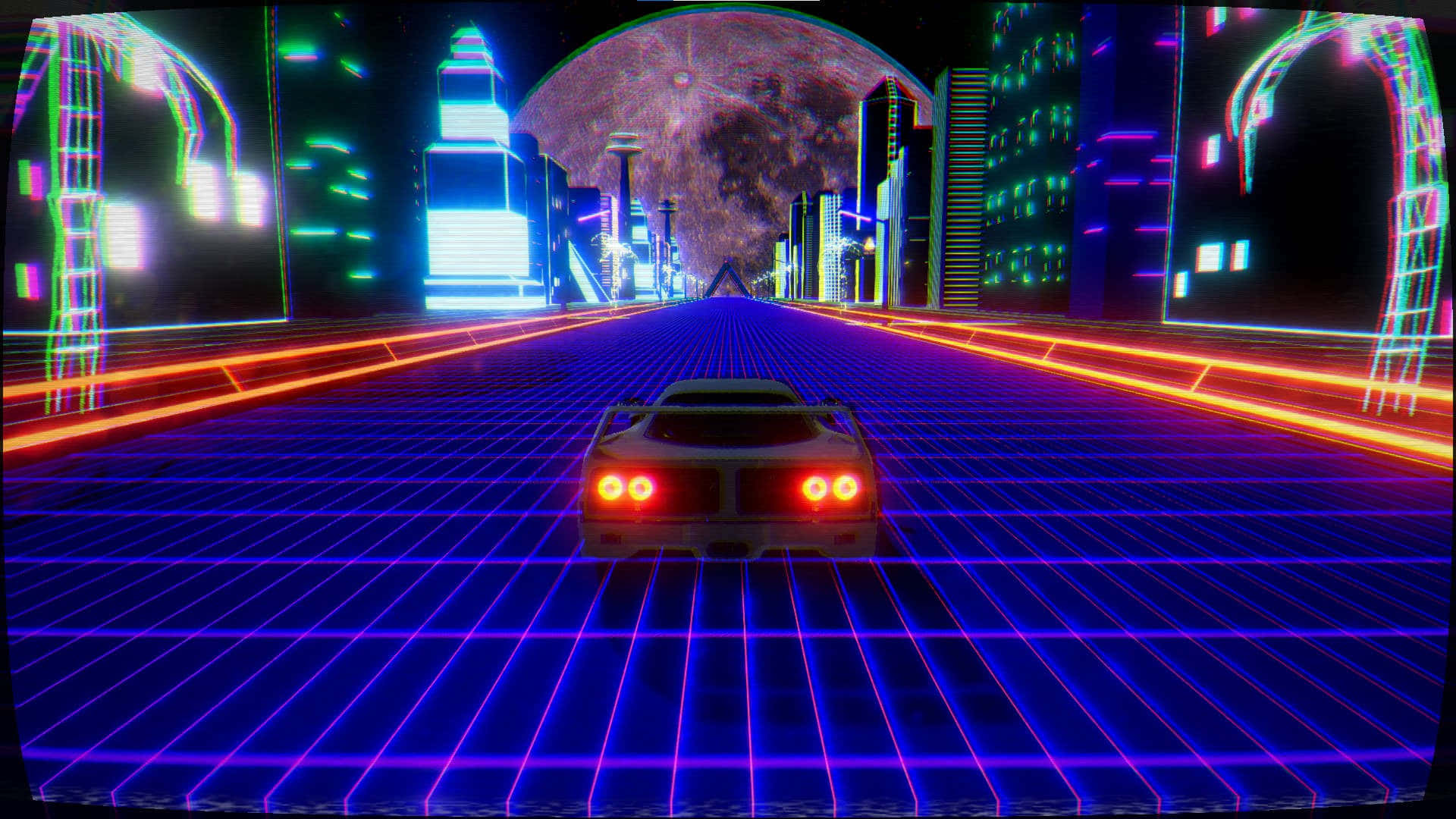 retrofuturistic car, glowing blue grid road, massive moon, Full HD Desktop Wallpaper