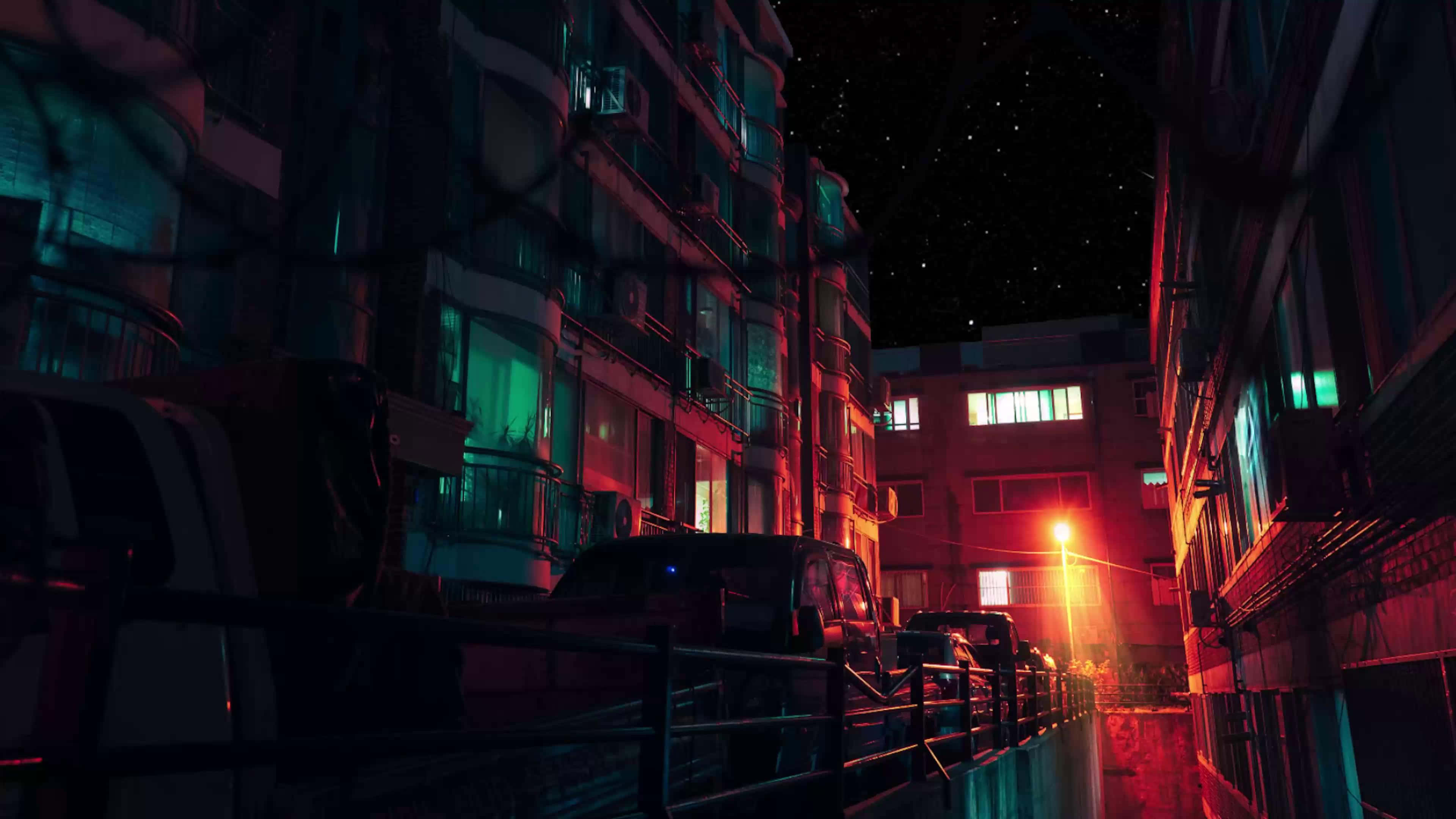 Retro City, neon red, teal, 4K Desktop Wallpaper