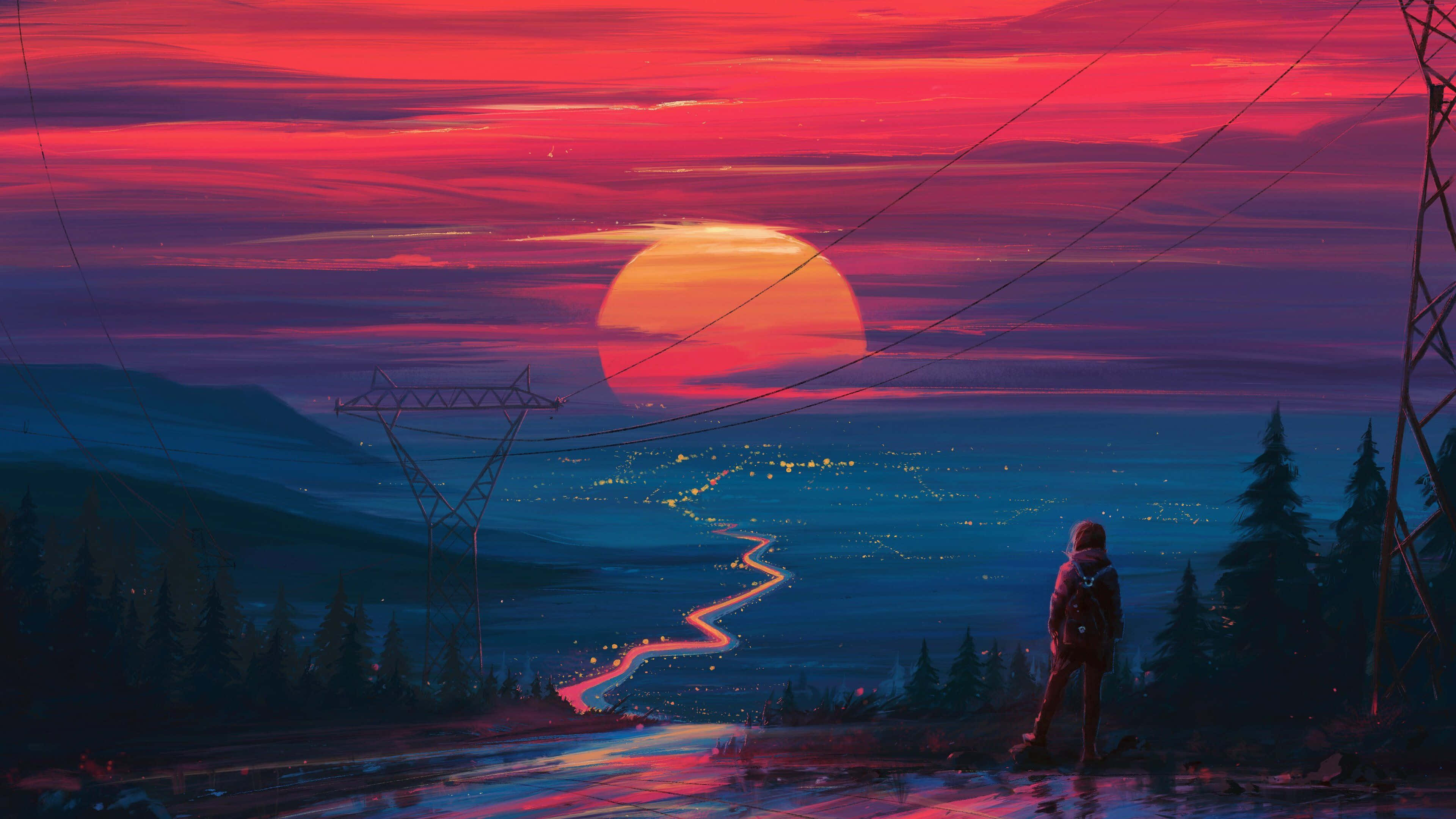 Retro City, glowing orange sun, fiery red purple sky, 4K Desktop Wallpaper