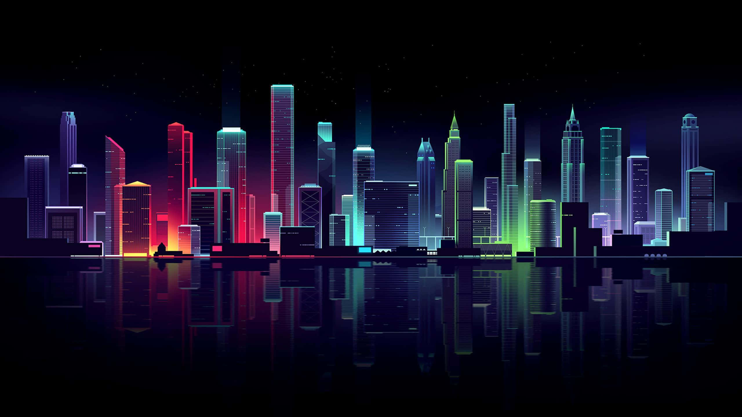 neon-lit city skyline, colorful skyscrapers, dark water, 2K Desktop Wallpaper