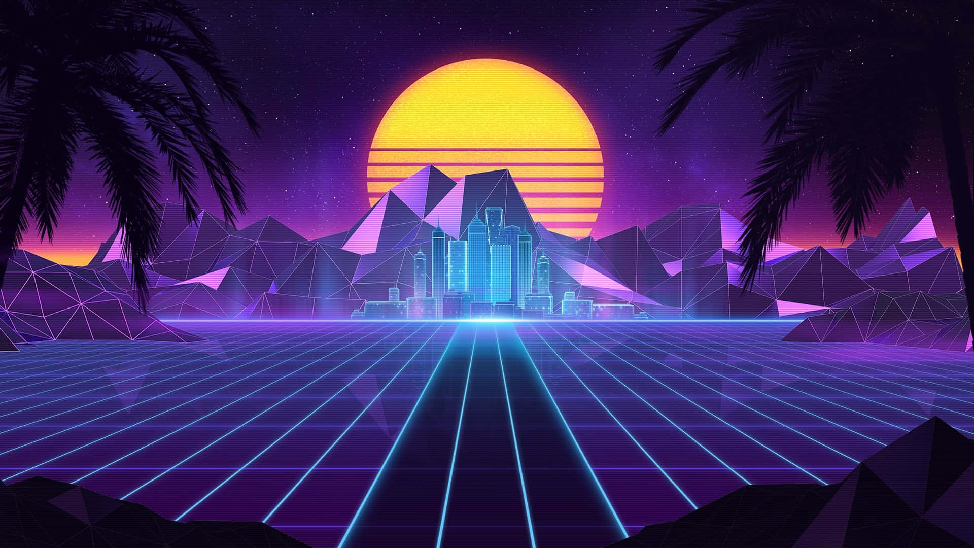 neon-lit retrofuturistic landscape, palm trees, glowing sun, Full HD Desktop Wallpaper