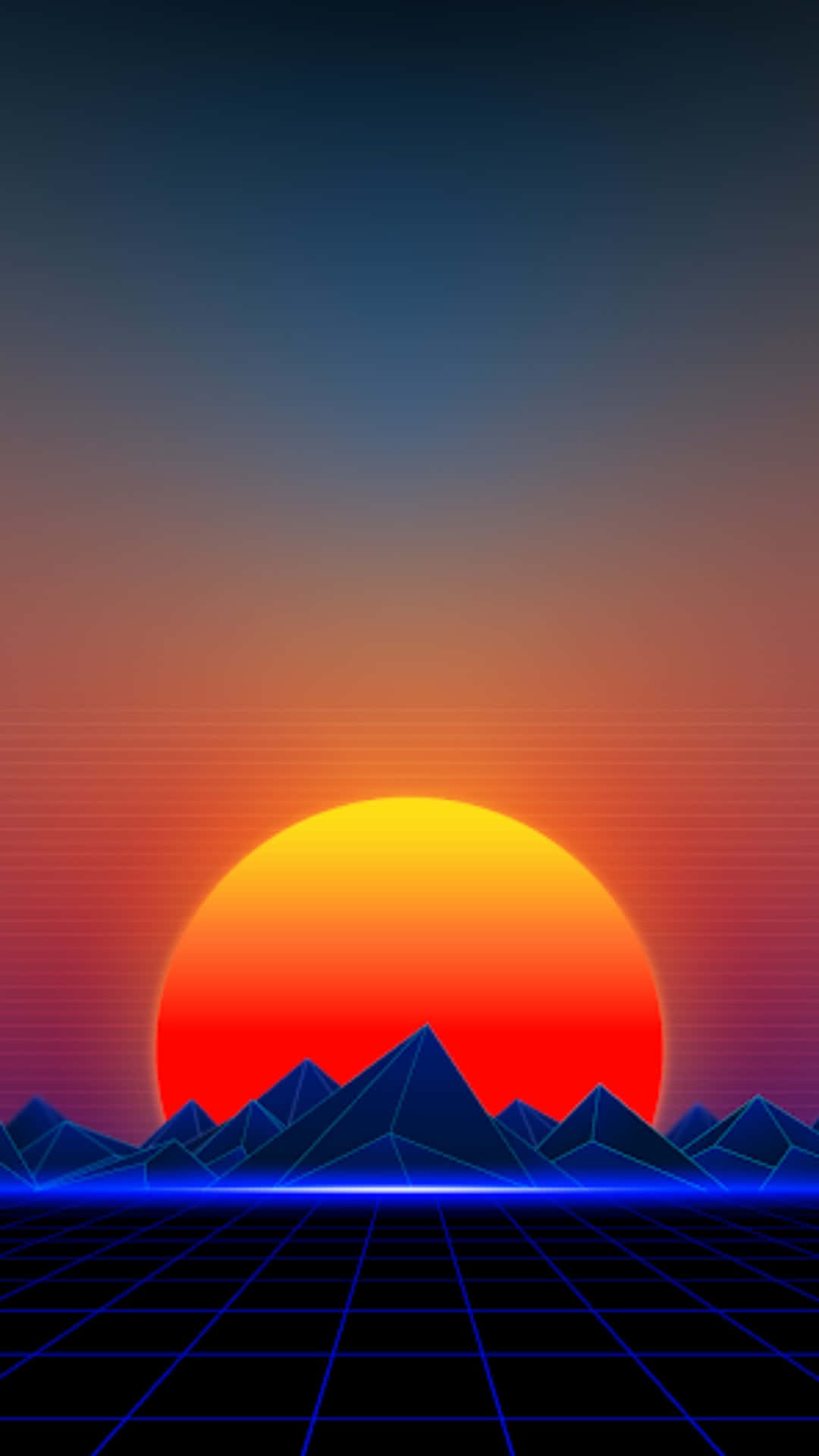 retrofuturistic sunset, glowing orange sun, geometric mountains, Full HD Phone Wallpaper