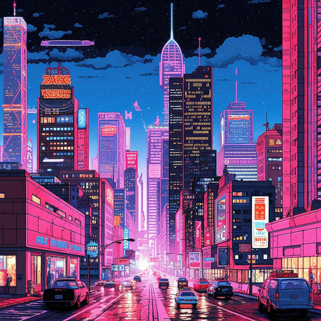 neon-drenched cyberpunk cityscape, towering skyscrapers, glowing pink and blue, SD Desktop Wallpaper