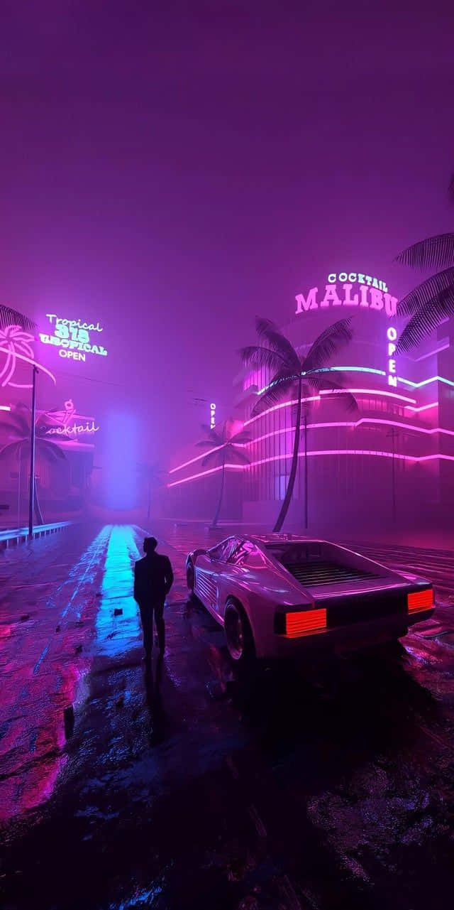 Retro Neon Cityscape, glowing sports car, neon signs, HD Phone Wallpaper