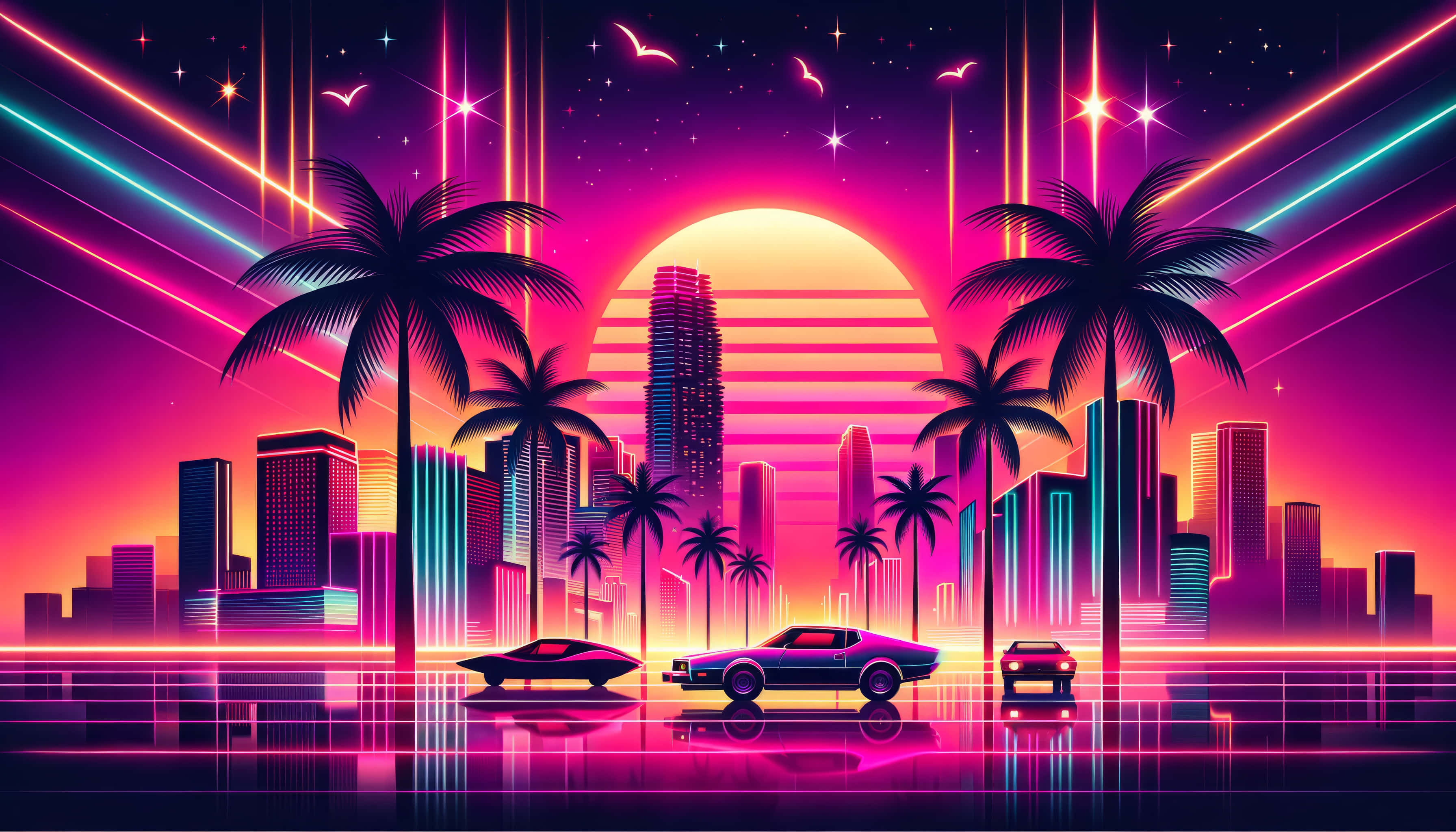 retro futuristic cityscape, 80s style, neon-lit, 2K Desktop Wallpaper