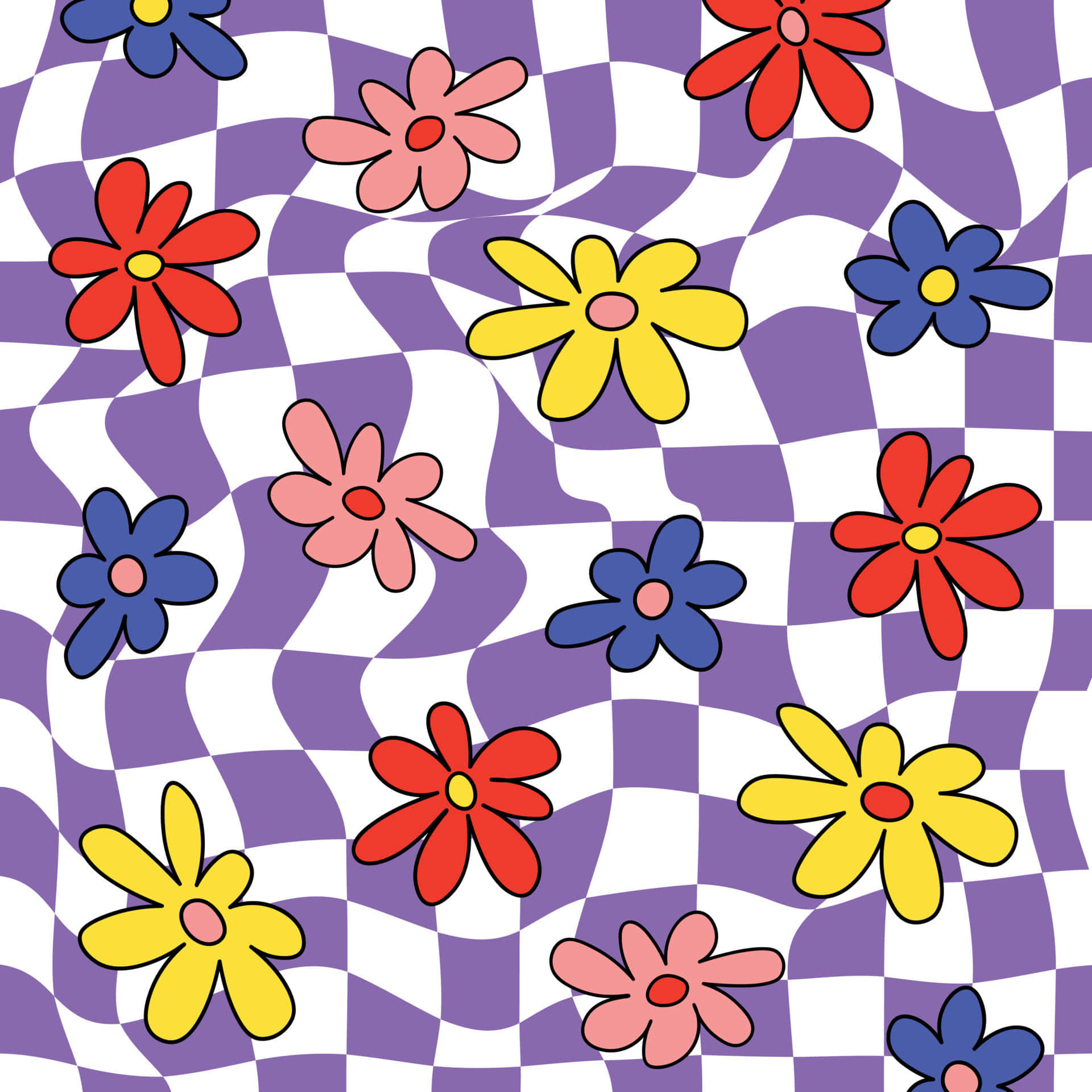 1960s psychedelic, red yellow blue and pink, wavy purple and white checkered background, Full HD Desktop Wallpaper