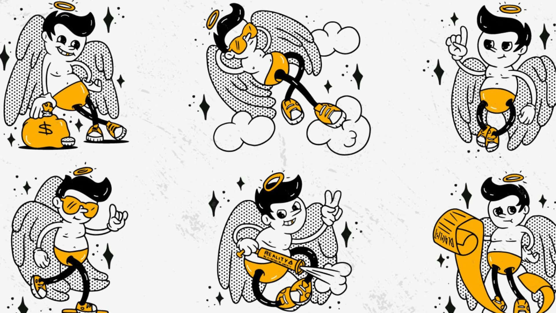 retro cartoons, cartoon angels, black hair, Full HD Desktop Wallpaper