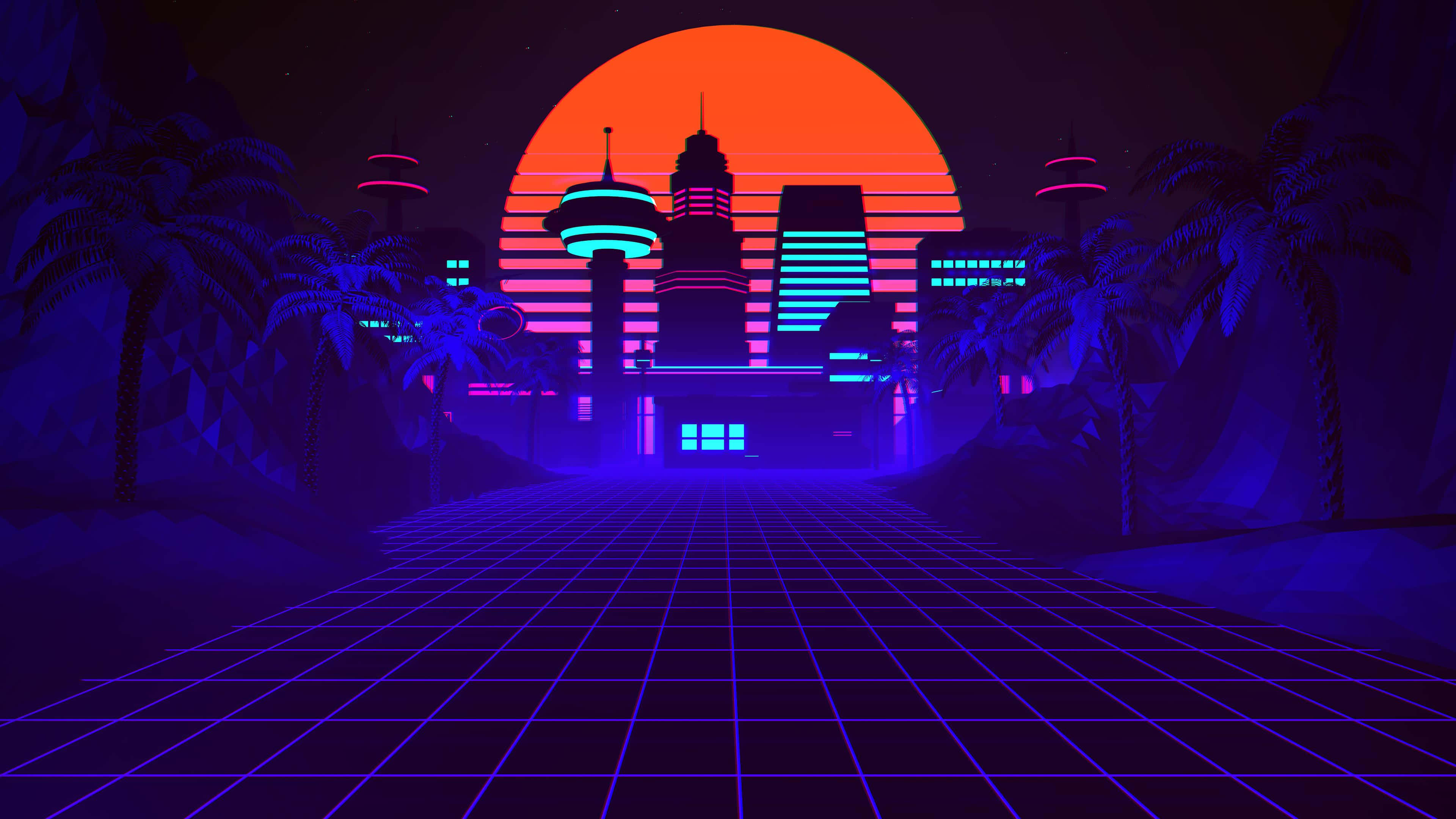 80s neon, retrofuturistic cityscape, sunset, 4K Desktop Wallpaper