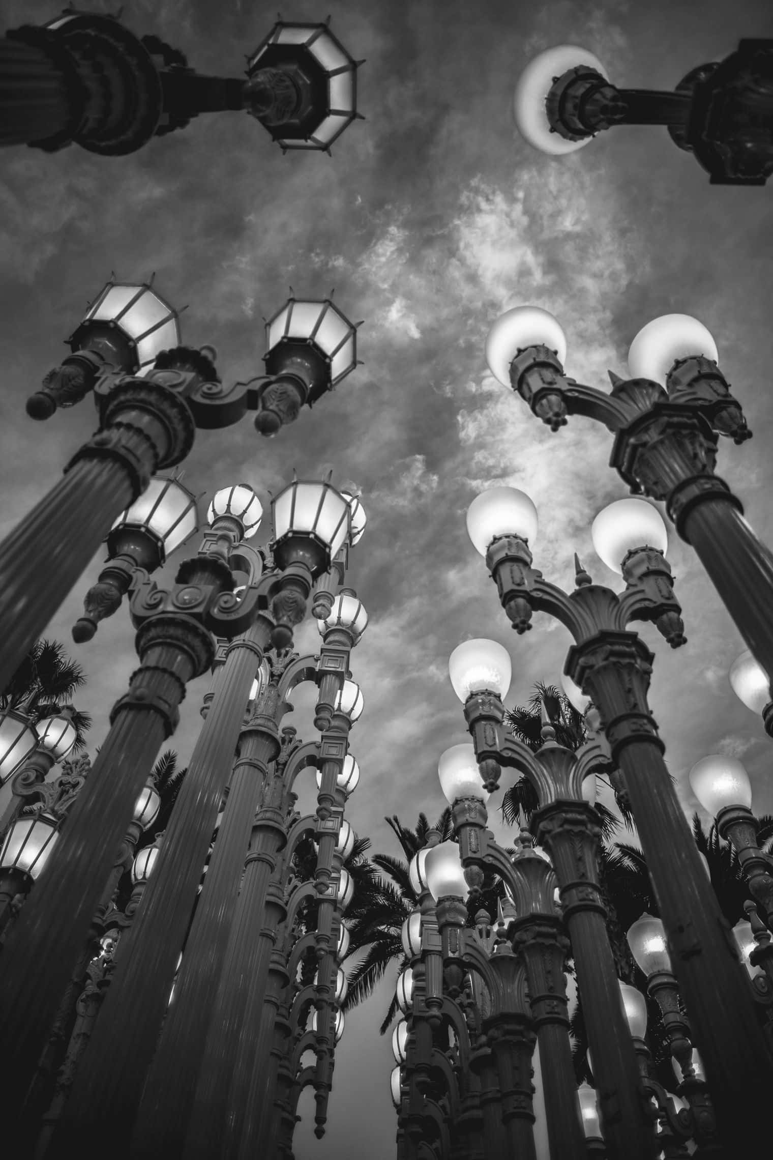 vintage street lamps, black and white shot, cloudy sky, Full HD Phone Wallpaper