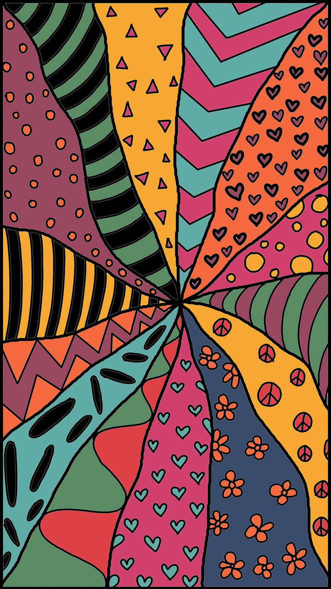 psychedelic patterns, swirling colorful panels, hearts, Full HD Phone Wallpaper