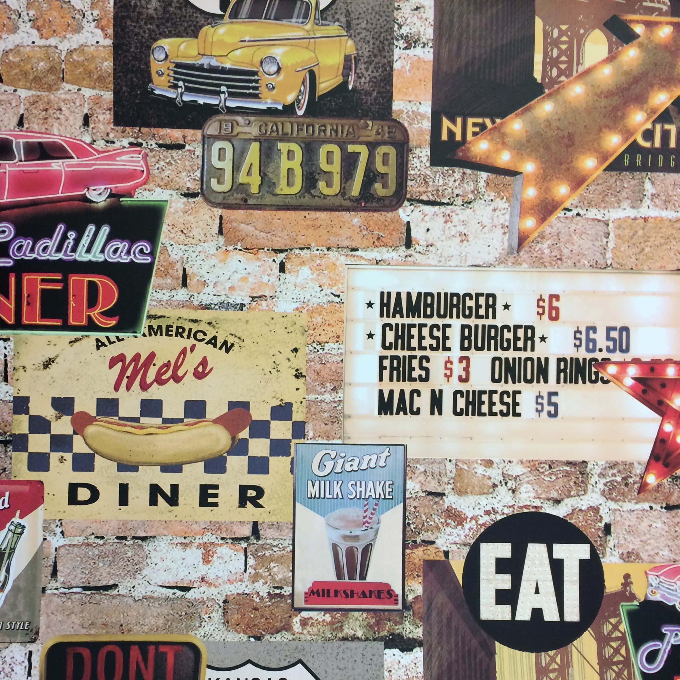Retro Diner, vintage diner signs, license plates, Full HD Desktop Wallpaper