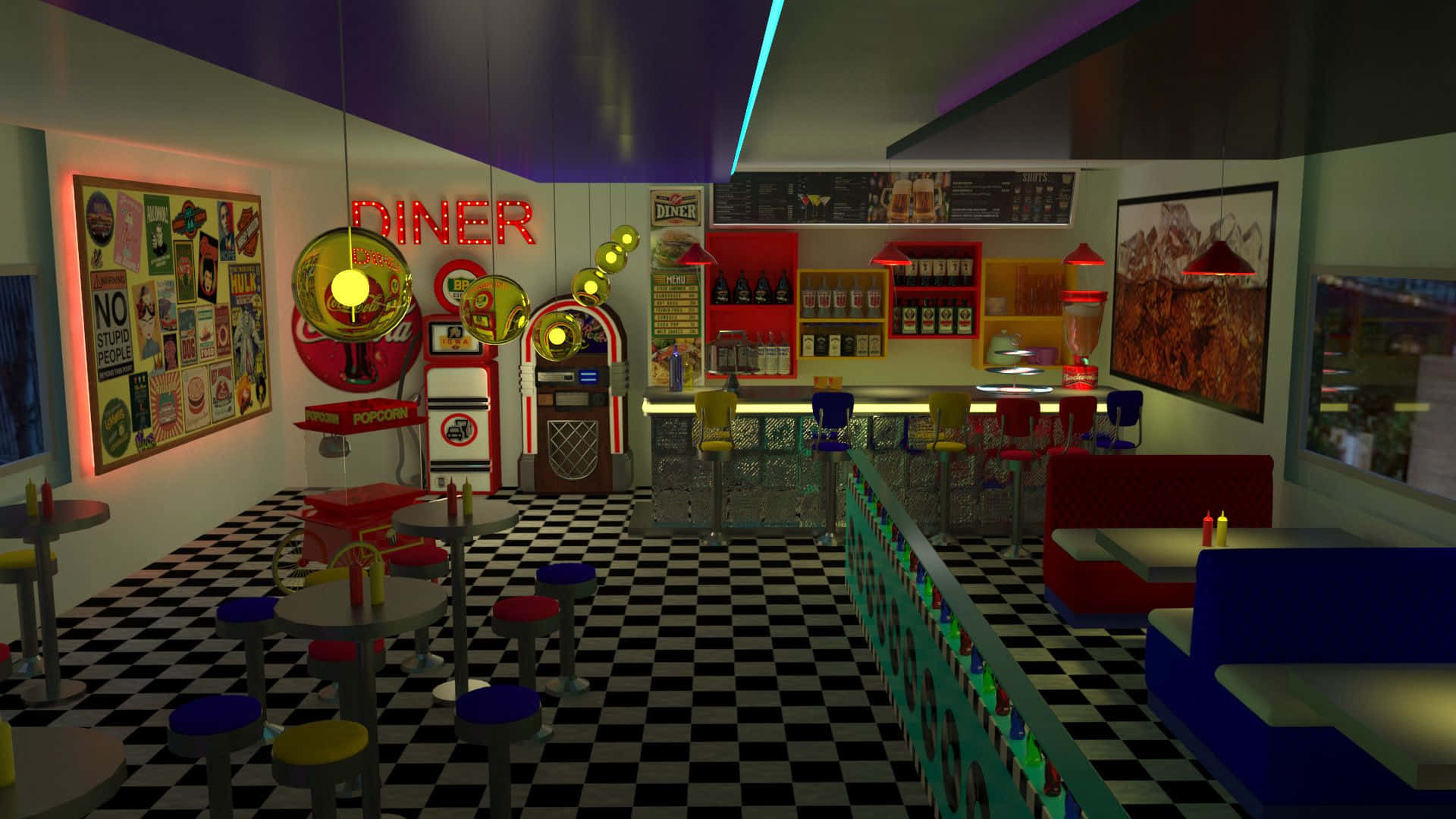 1950s diner, checkered floors, neon signs, Full HD Desktop Wallpaper