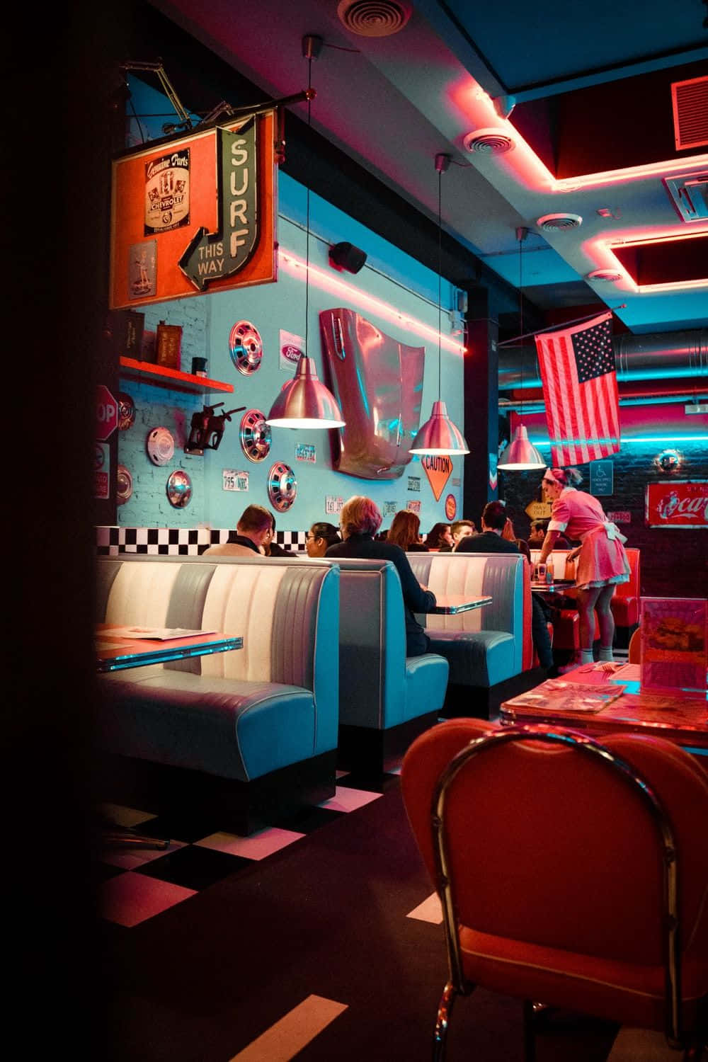 Retro Diner, neon lights, checkered floors, HD Phone Wallpaper