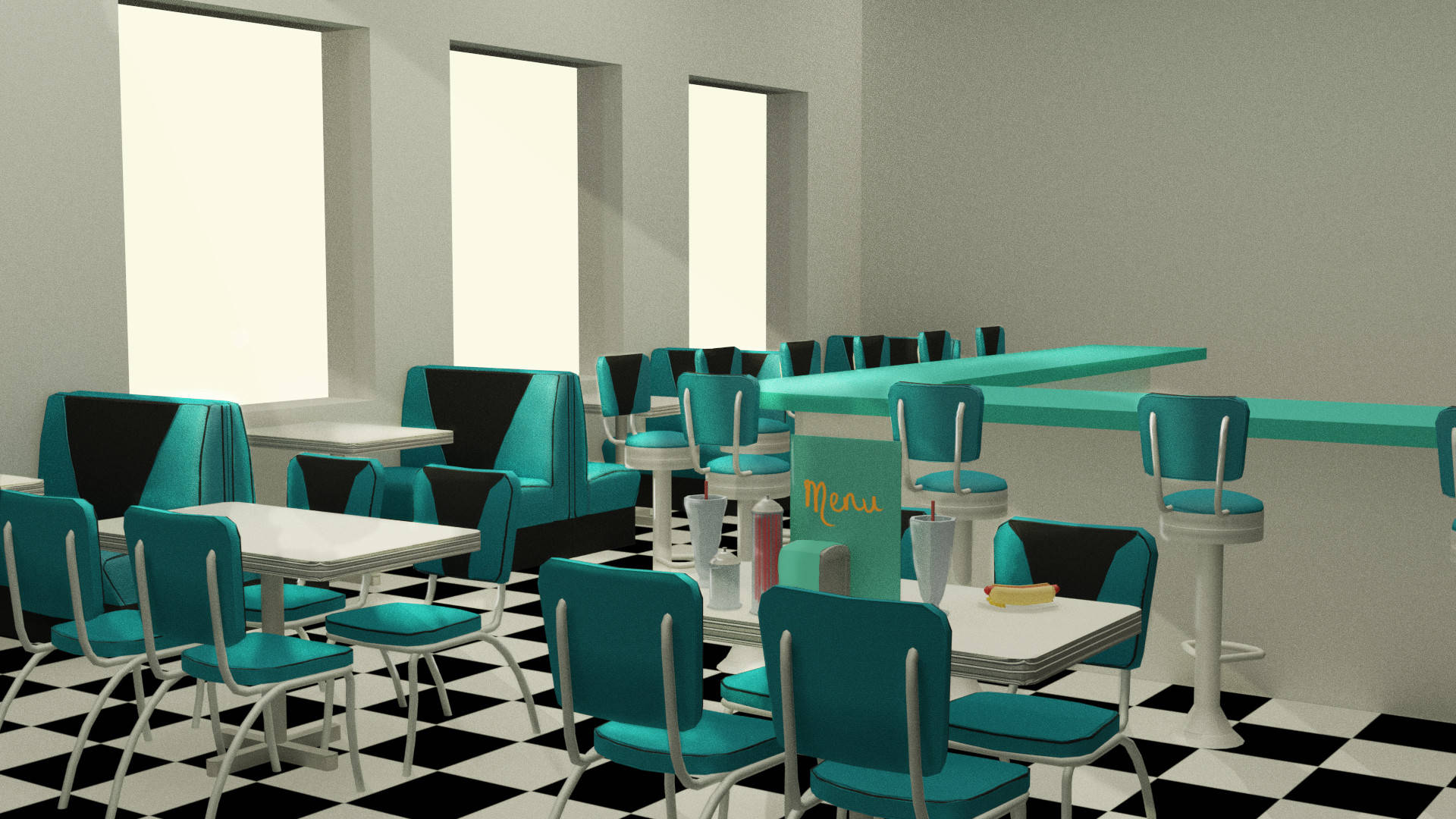 50s diner, teal booths, black and white checkered floor, Full HD Desktop Wallpaper