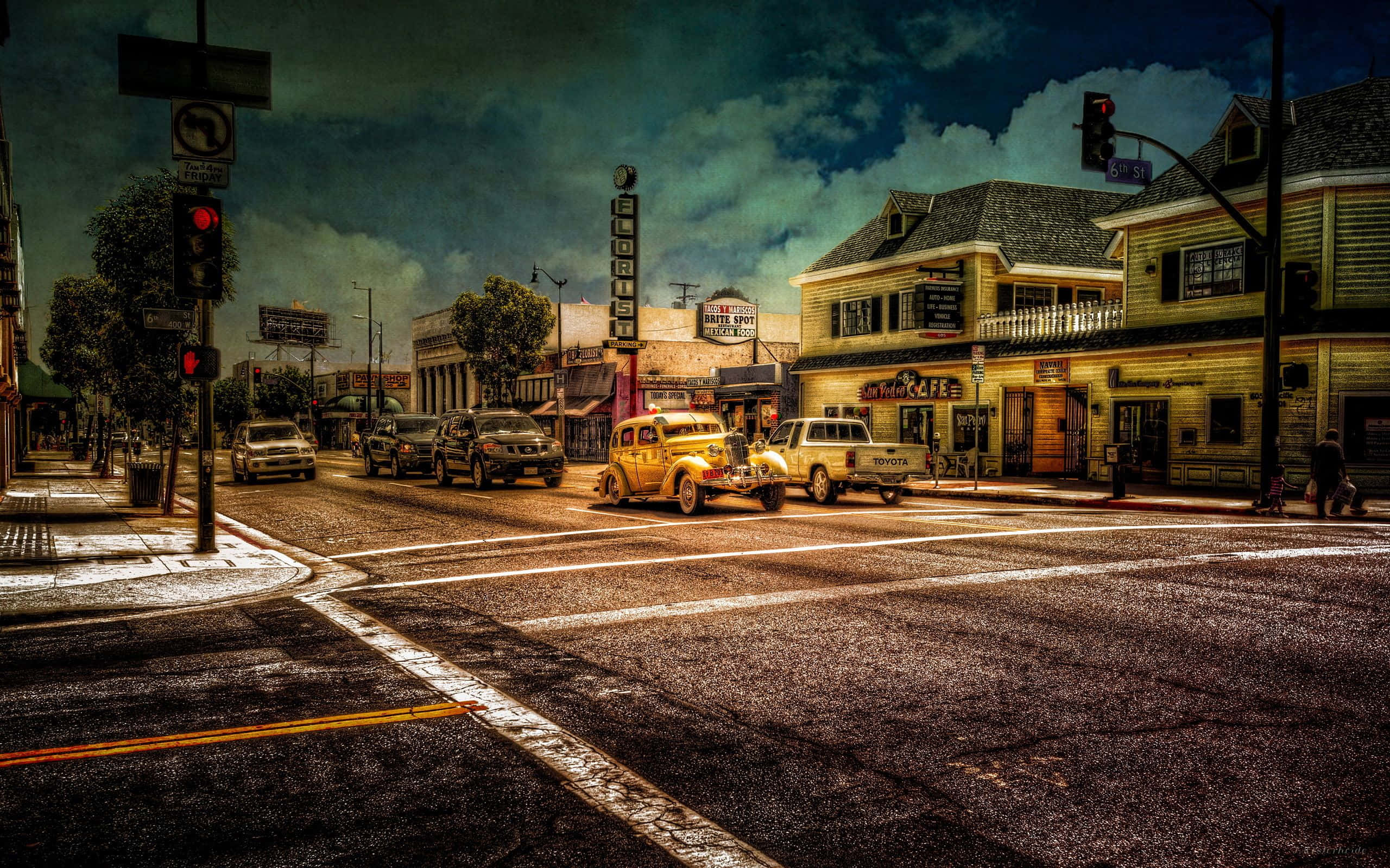 Retro Diner, vintage yellow cars, street corner, 2K Desktop Wallpaper