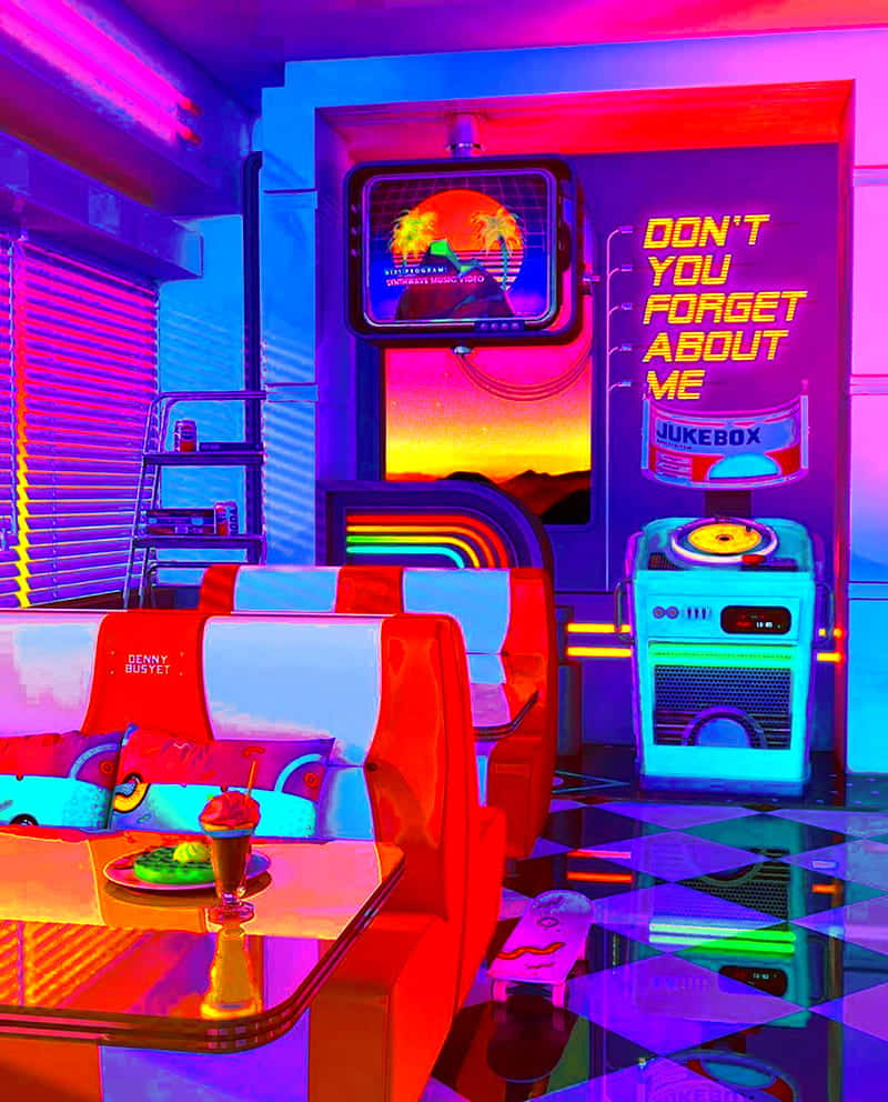 neon-lit retro diner, red booths, jukebox, SD Phone Wallpaper