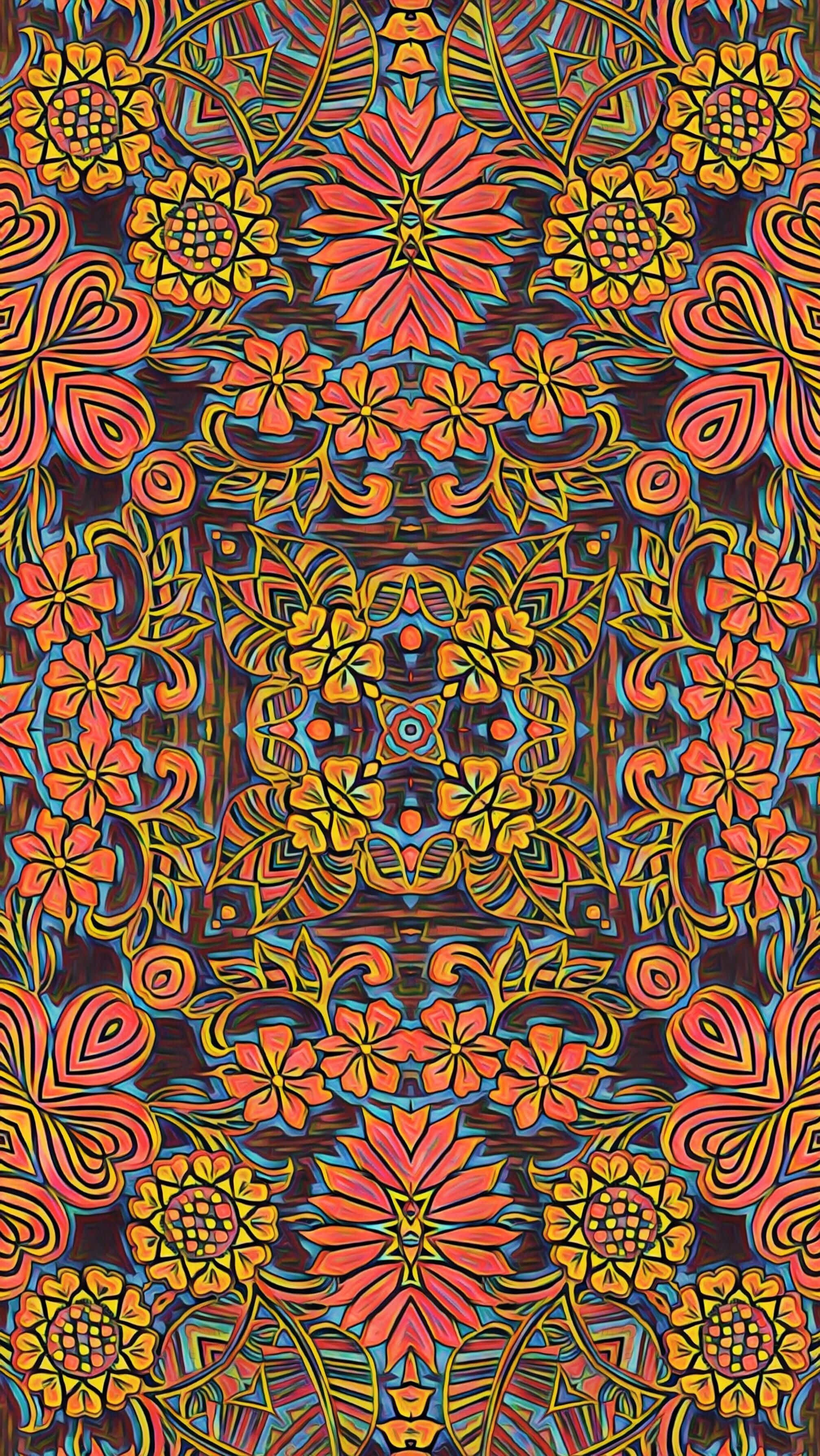 1960s psychedelic, vibrant symmetrical floral pattern, bold red orange yellow and teal hues, 2K Phone Wallpaper