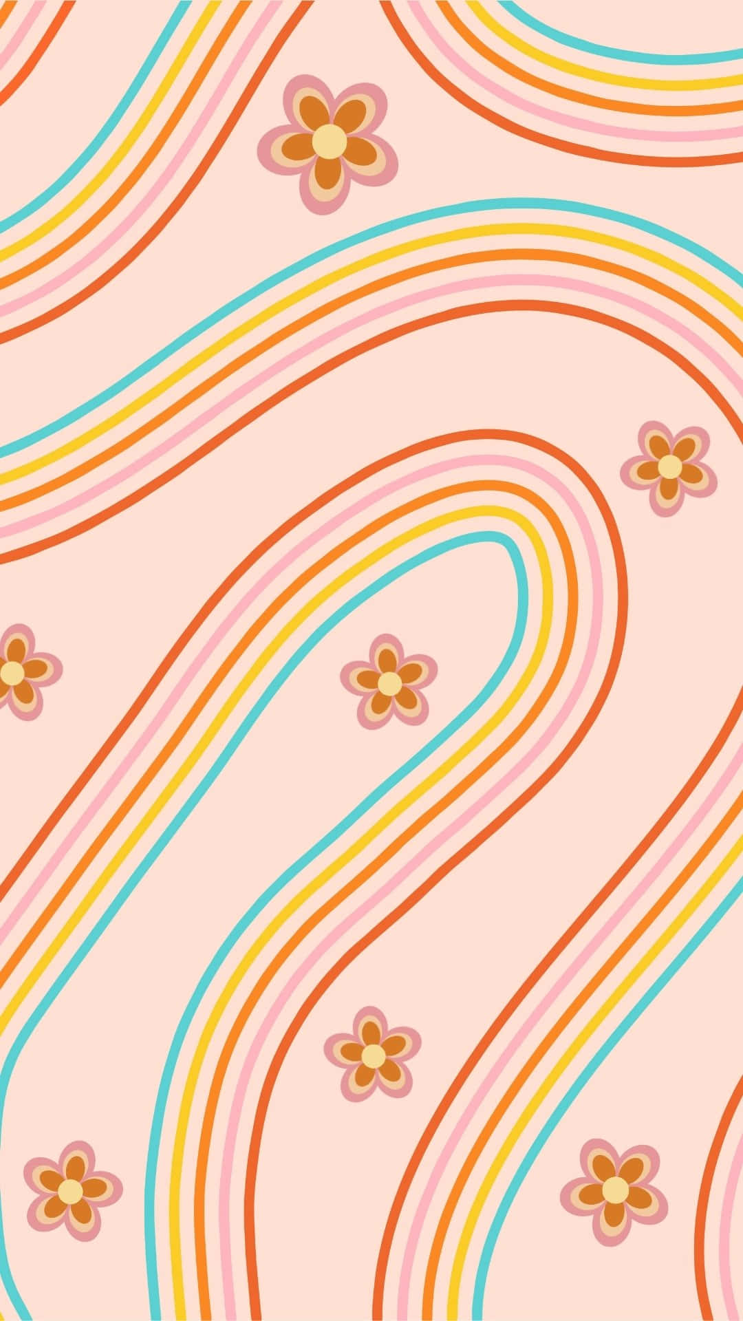 retro floral wavy pattern, pastel pink background, flowing rainbow stripes, Full HD Phone Wallpaper