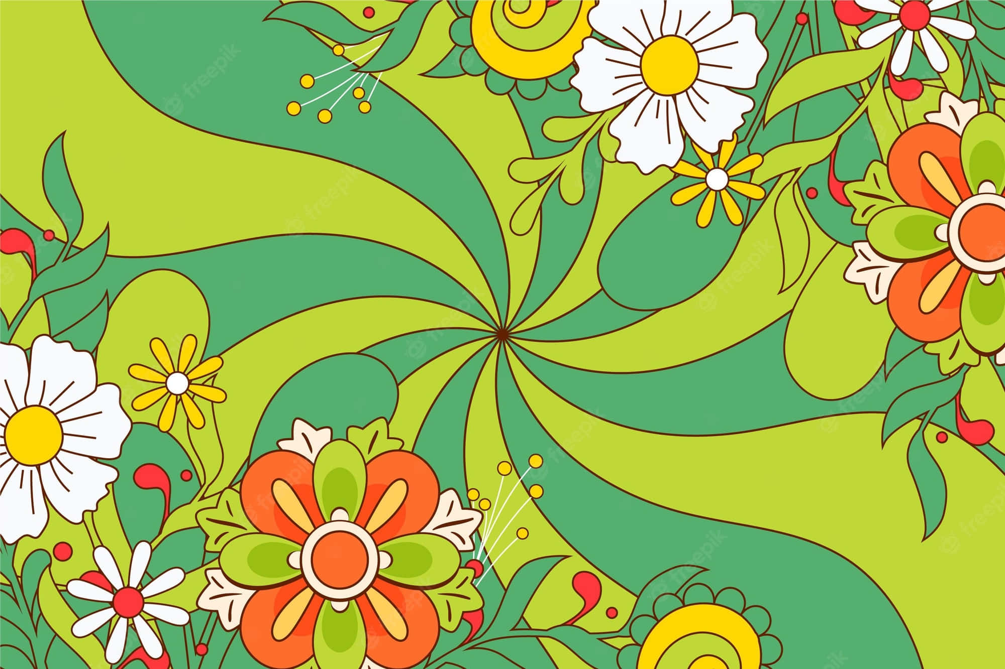 1960s psychedelic, swirling green leaves, bold daisies, Full HD Desktop Wallpaper