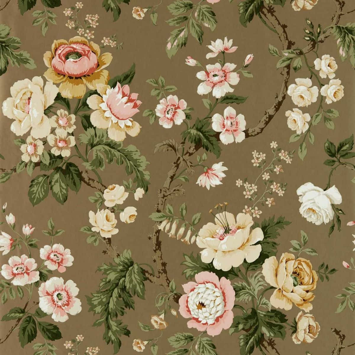vintage floral pattern, brown background, pink roses, SD Desktop Wallpaper