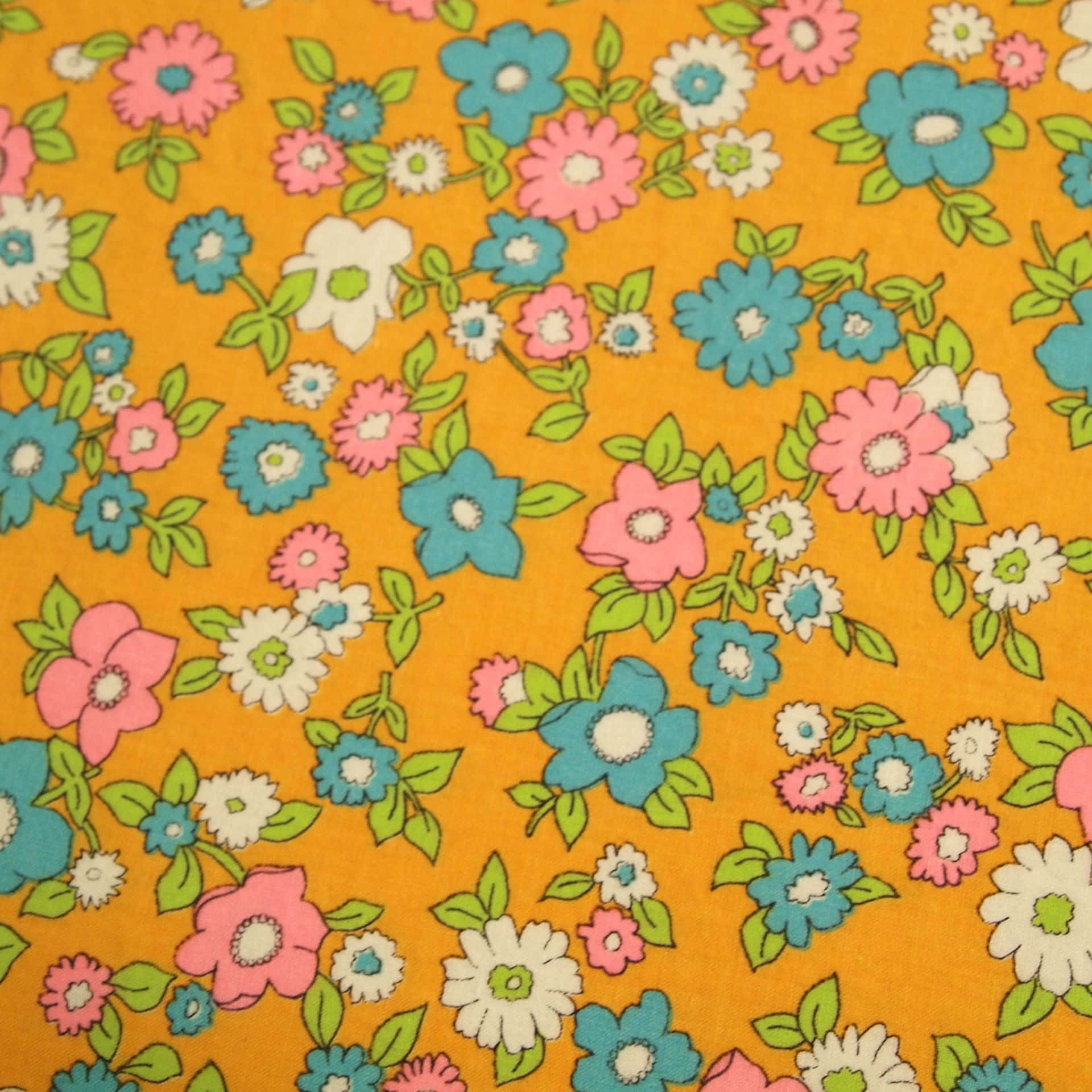 vintage 60s, pink blue and white flowers, sunny yellow background, Full HD Desktop Wallpaper