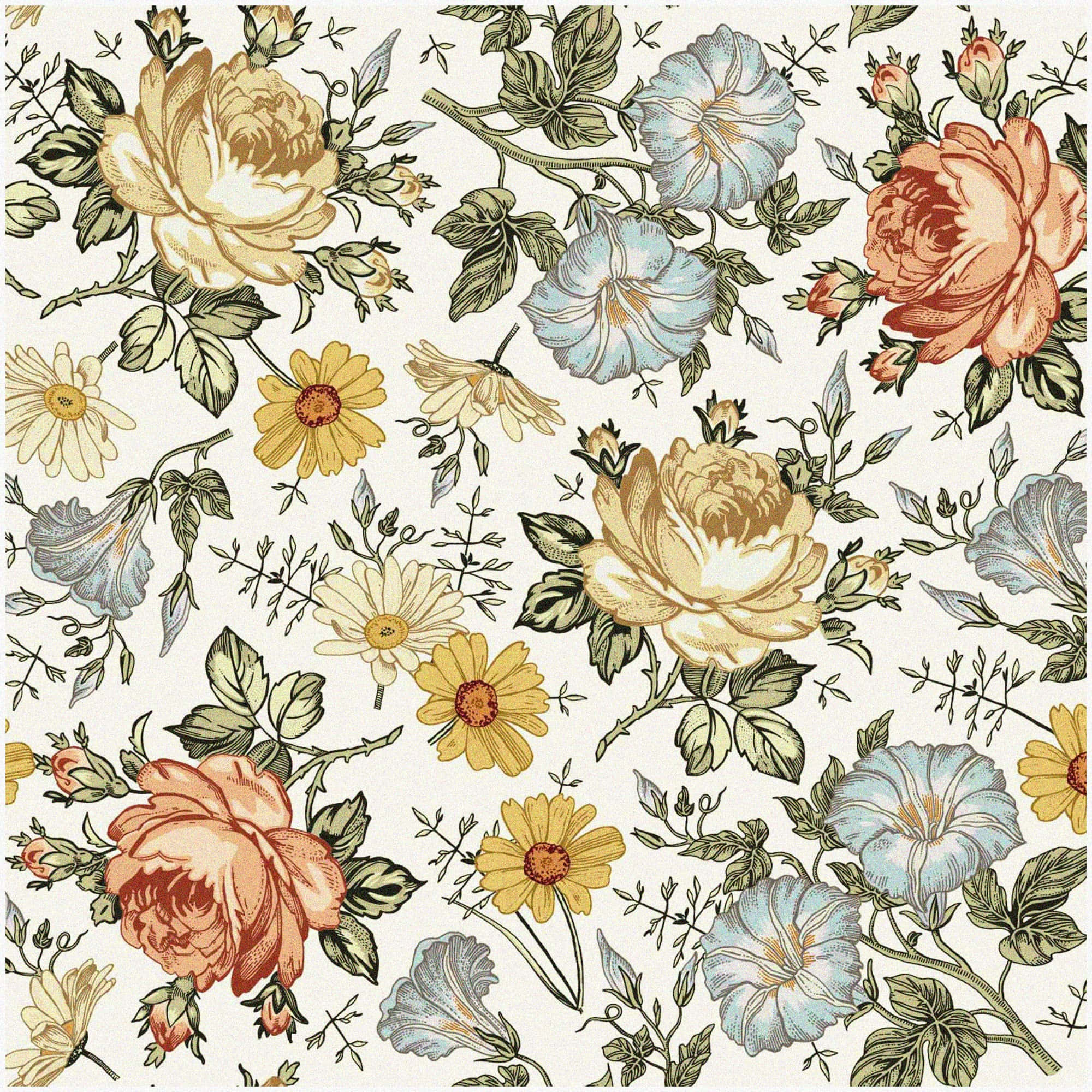 retro floral, roses, daisies, Full HD Desktop Wallpaper