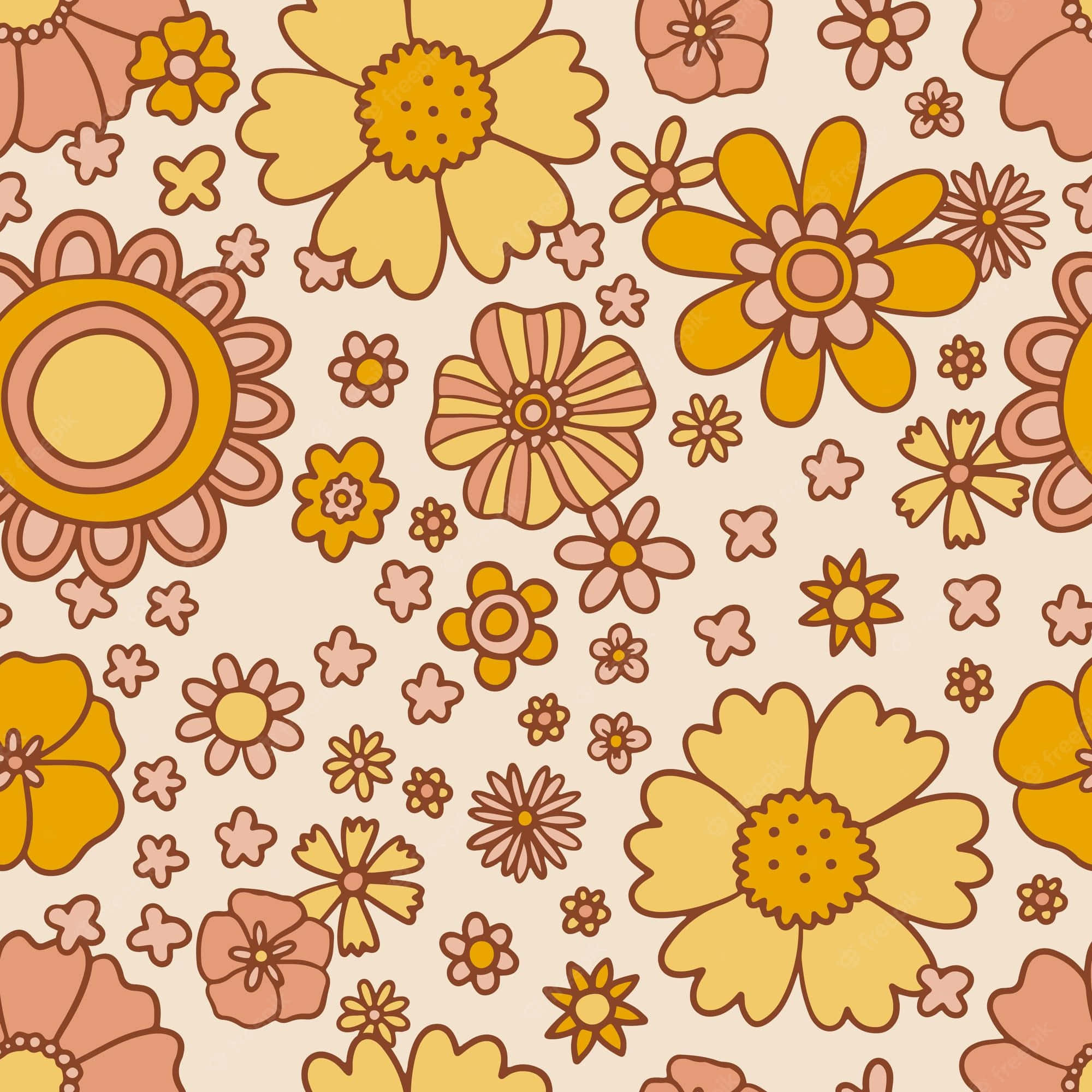 retro floral pattern, yellow flowers, peach flowers, Full HD Desktop Wallpaper