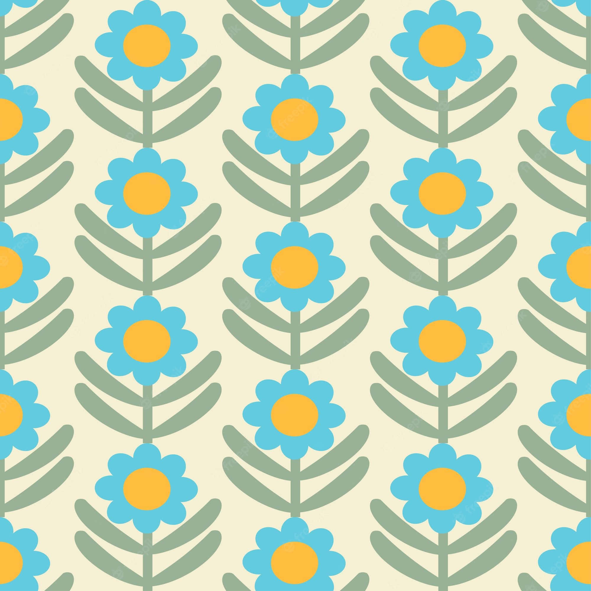 Retro Floral Design, blue flowers, yellow centers, Full HD Desktop Wallpaper