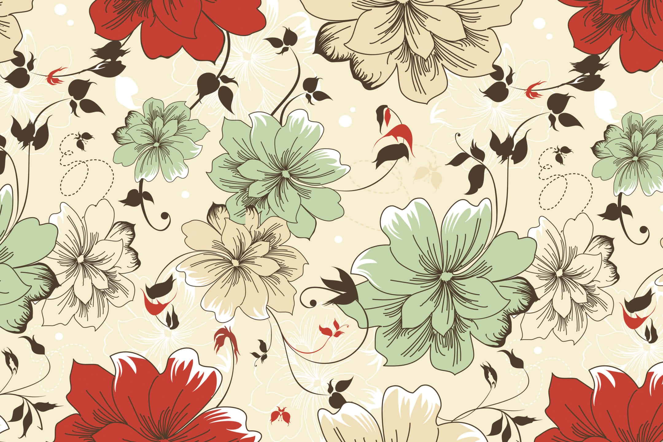 vintage floral pattern, red green beige and black flowers, vines and swirls, Full HD Desktop Wallpaper