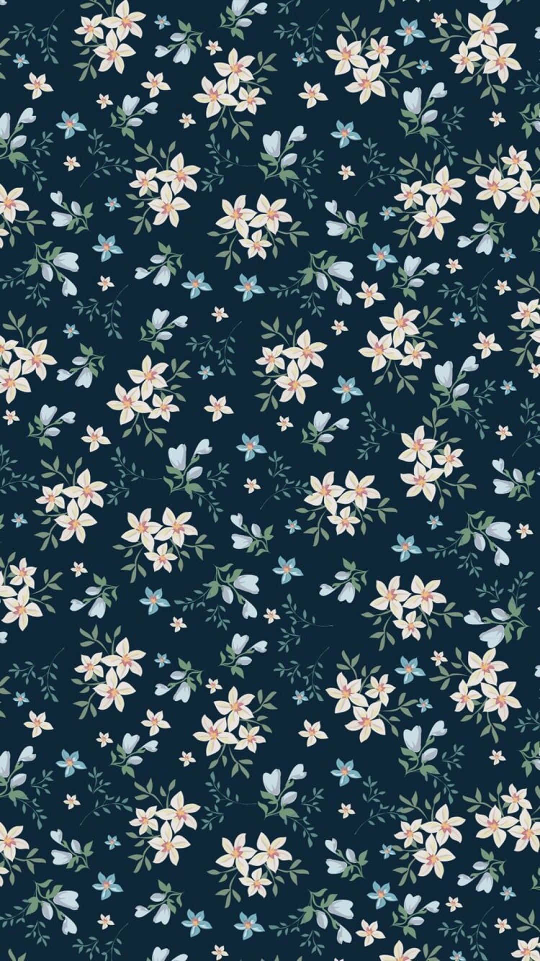 vintage floral pattern, dark navy, white flowers, Full HD Phone Wallpaper
