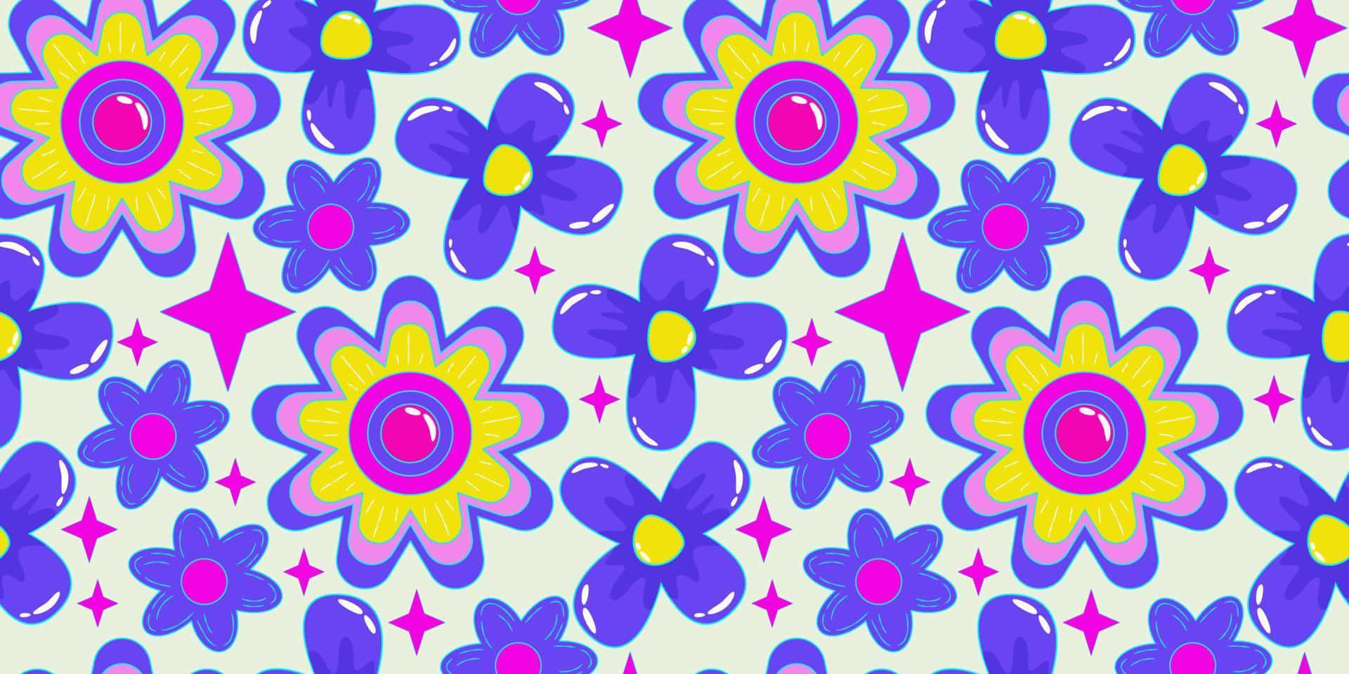 retro floral pattern, purple yellow and pink flowers, stars, Full HD Desktop Wallpaper