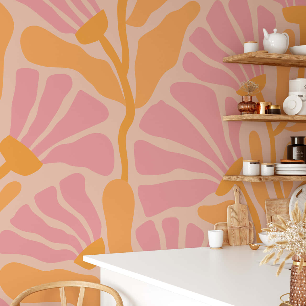 Retro Floral Wallpaper, kitchen interior, white countertop, HD Desktop Wallpaper