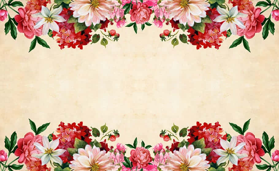 vintage floral frame, pink red and white blossoms, green leaves, SD Desktop Wallpaper